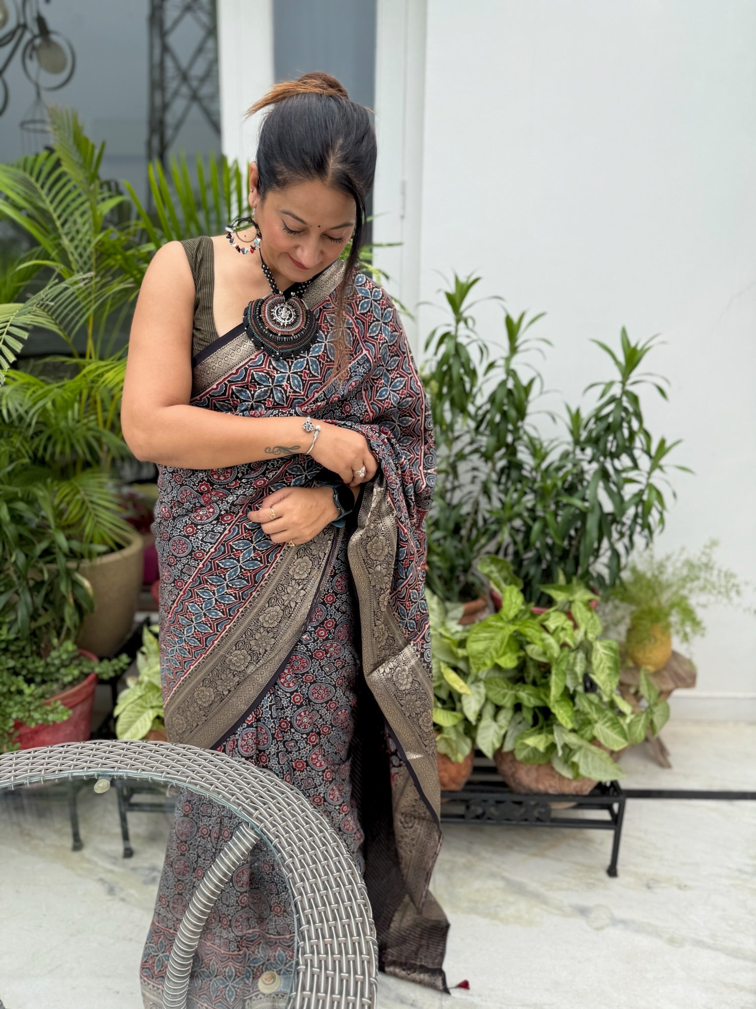 Black Indigo Hand Block Ajrakh Dola Silk Saree