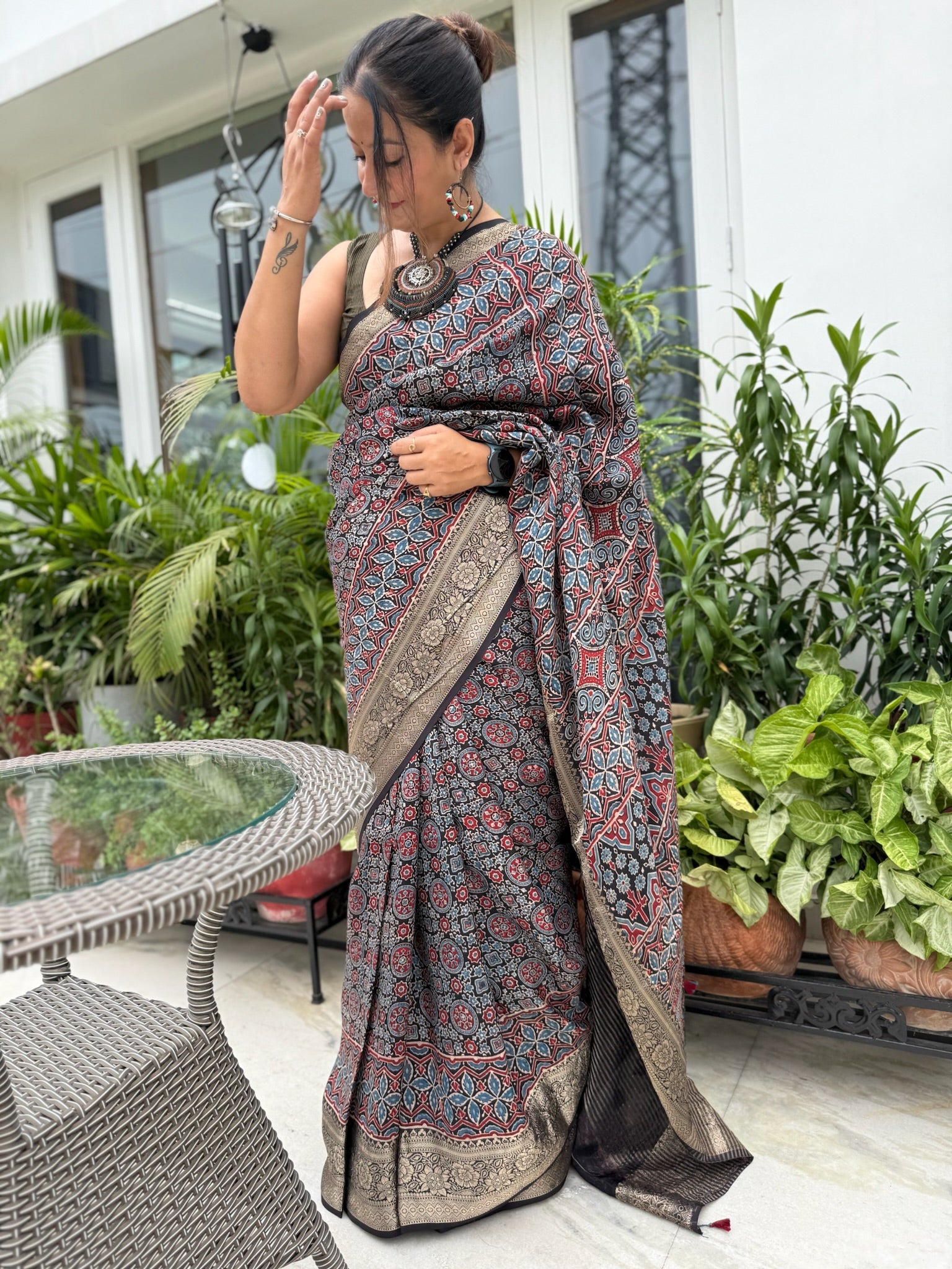 Black Indigo Hand Block Ajrakh Dola Silk Saree