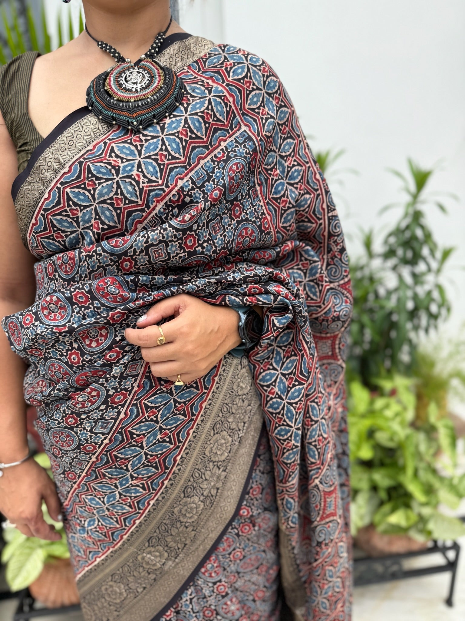 Black Indigo Hand Block Ajrakh Dola Silk Saree