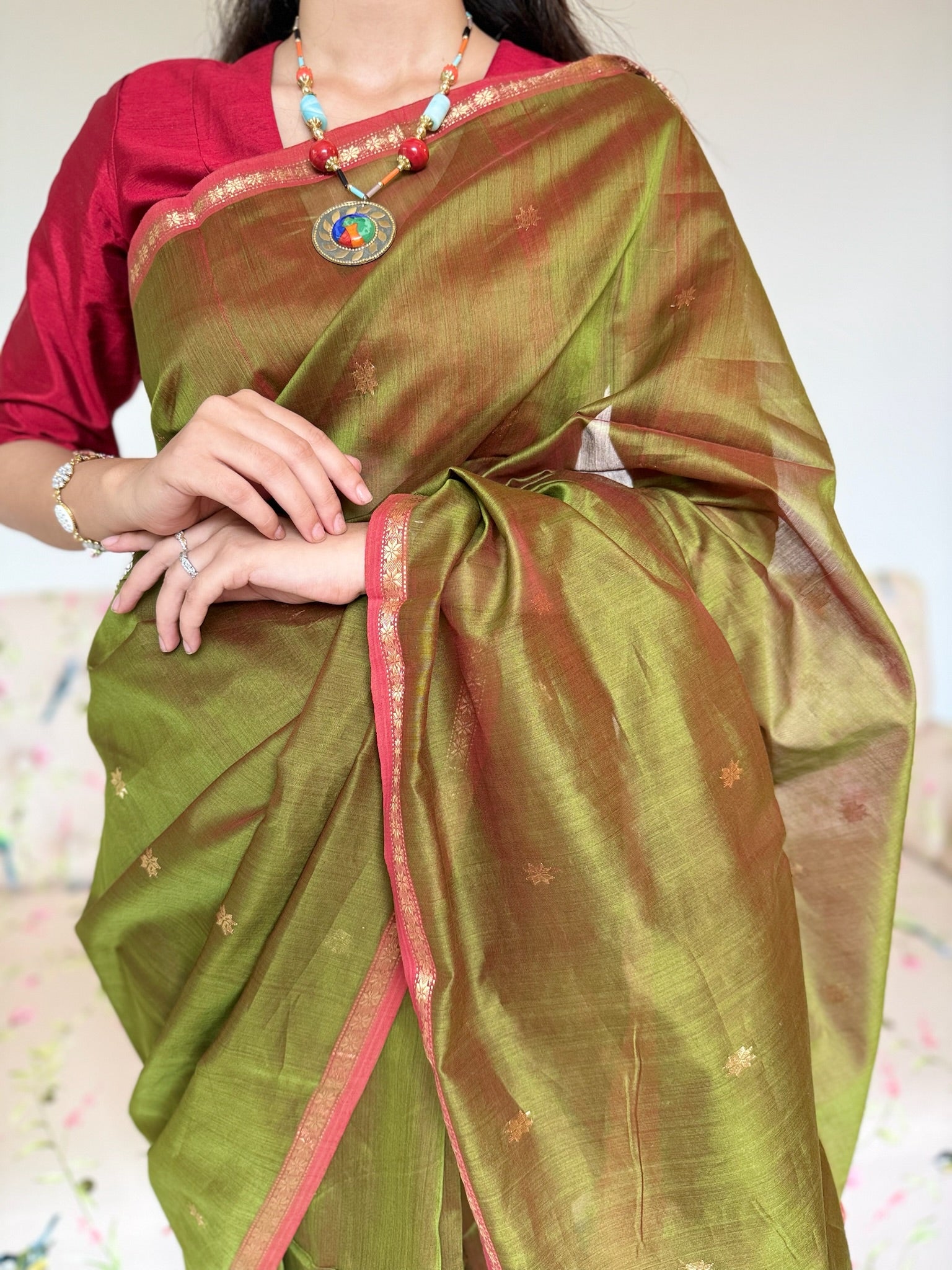 Classic Green and Red Star Buti Handcrafted Cotton Silk Maheshwari Saree