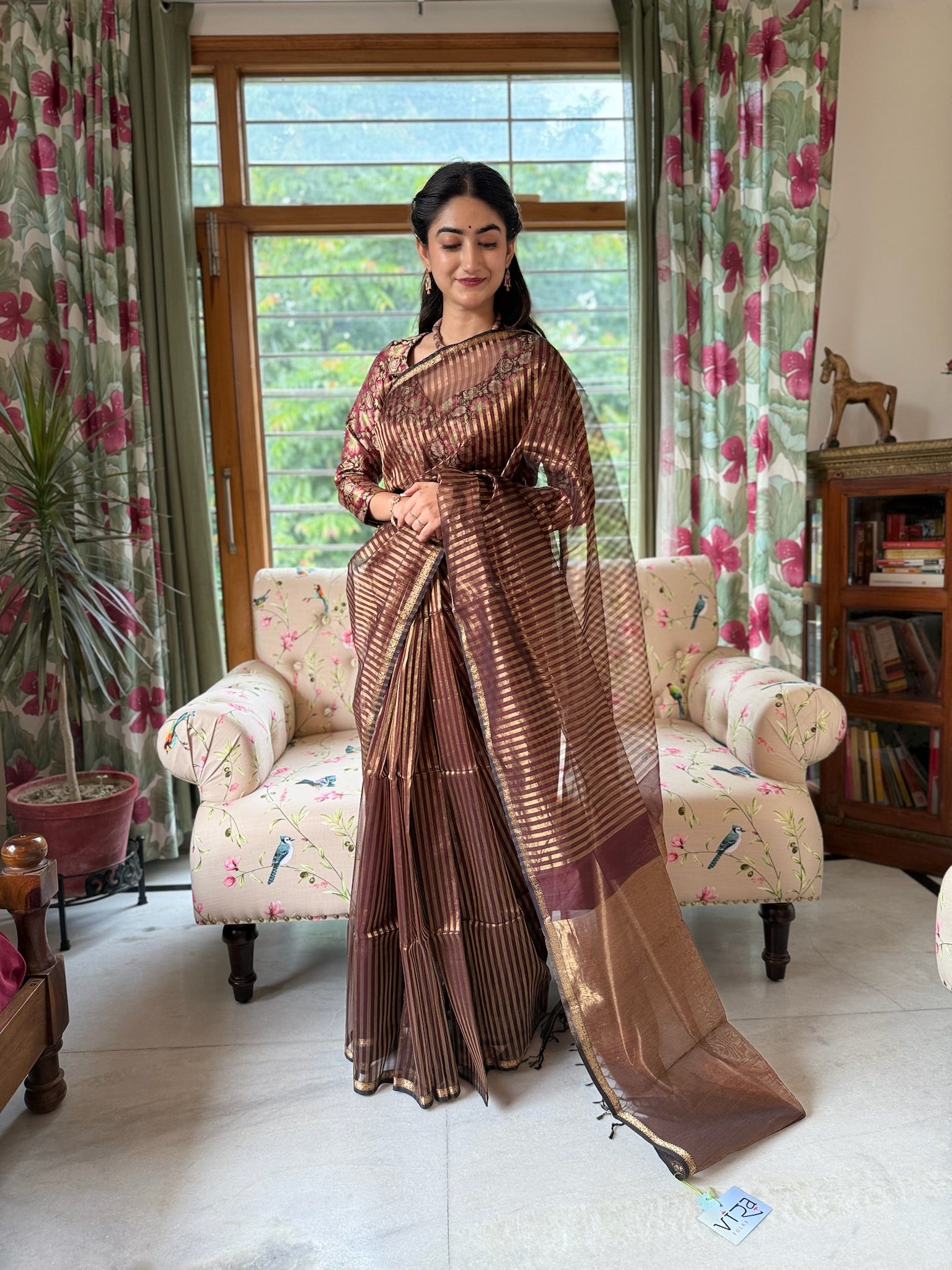 Brown Golden Cotton Silk Maheshwari Saree With Tissue Palla