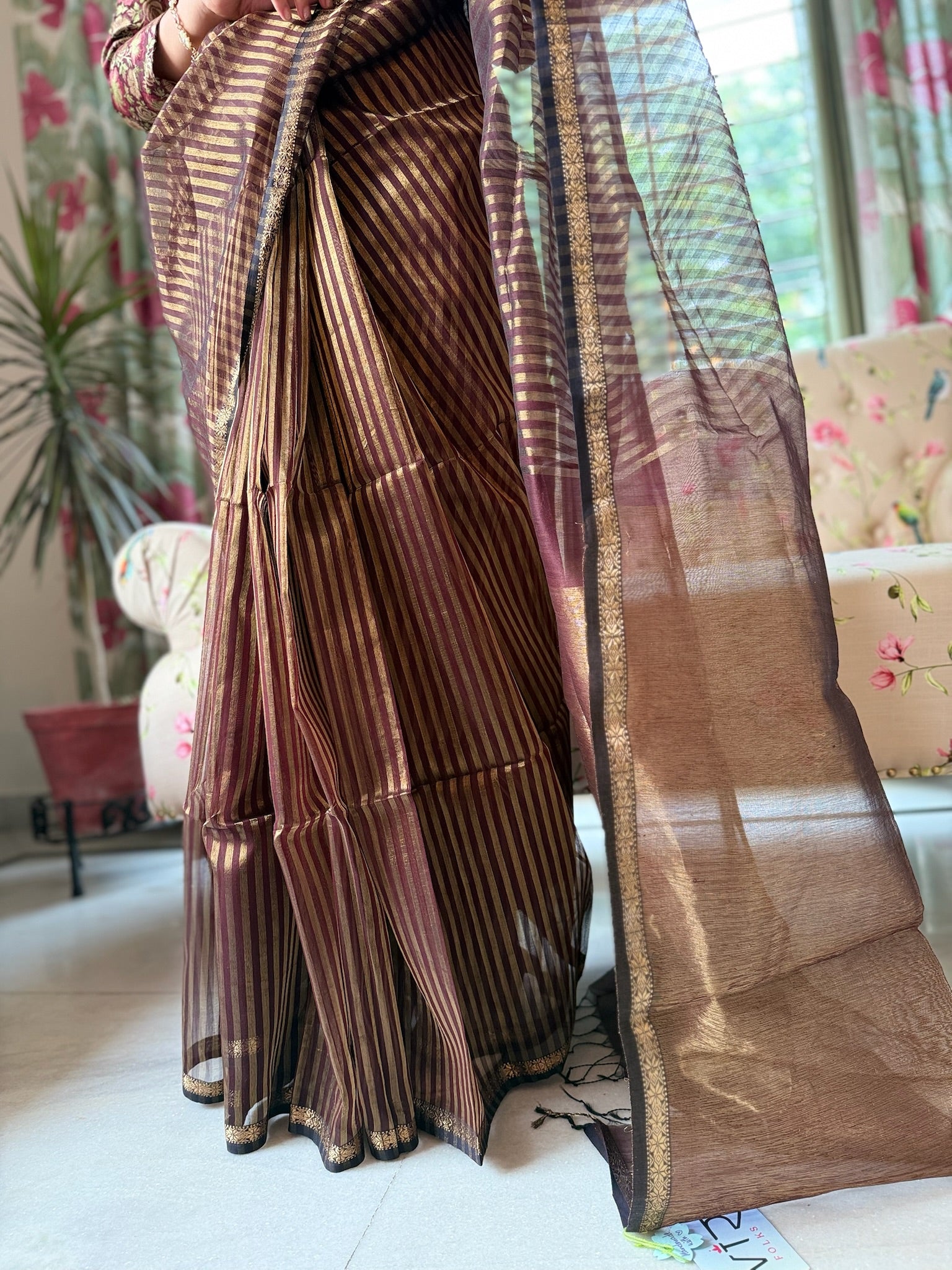 Brown Golden Cotton Silk Maheshwari Saree With Tissue Palla