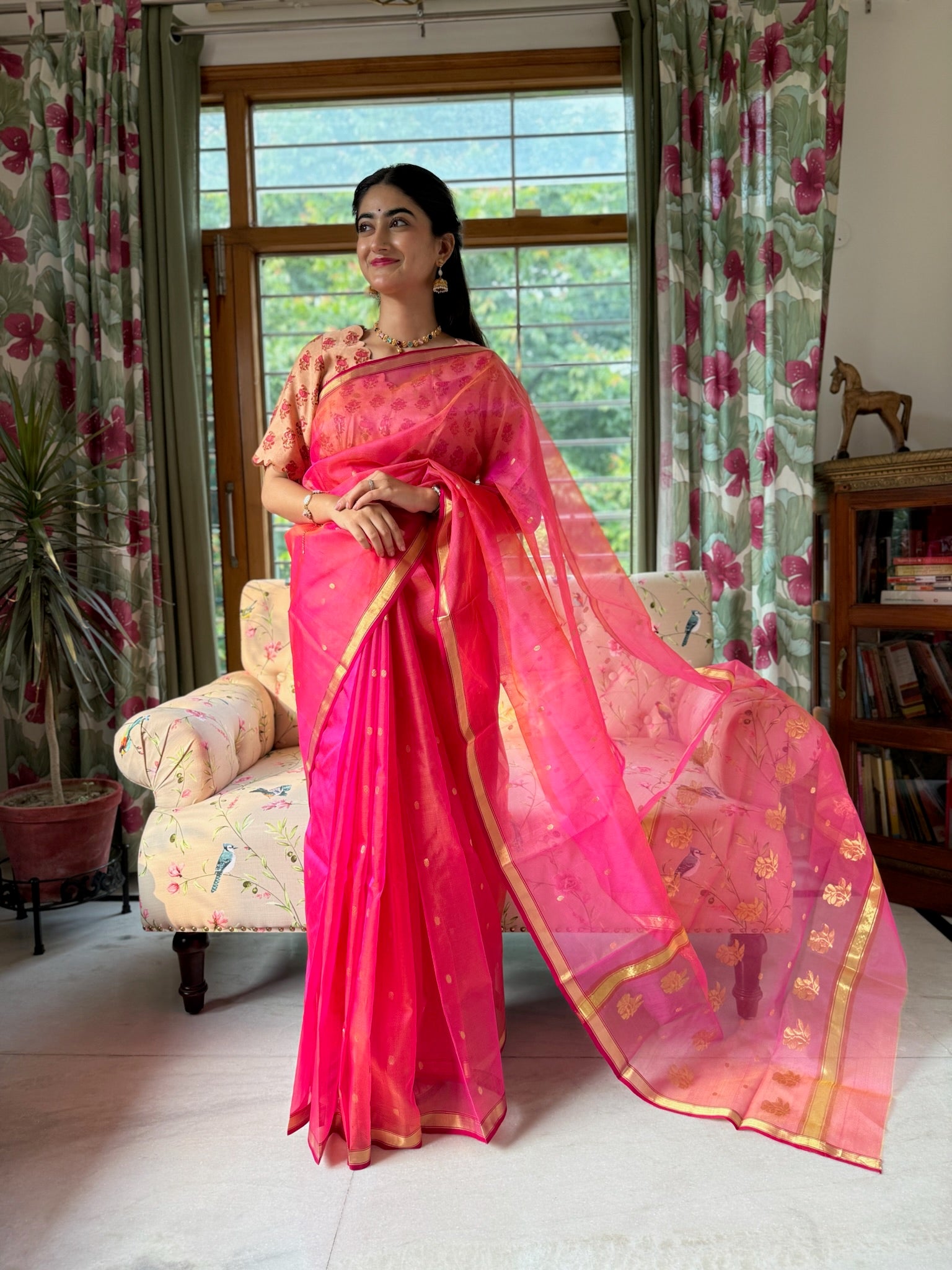 Bright Pink Handwoven Pure Silk Chanderi Saree