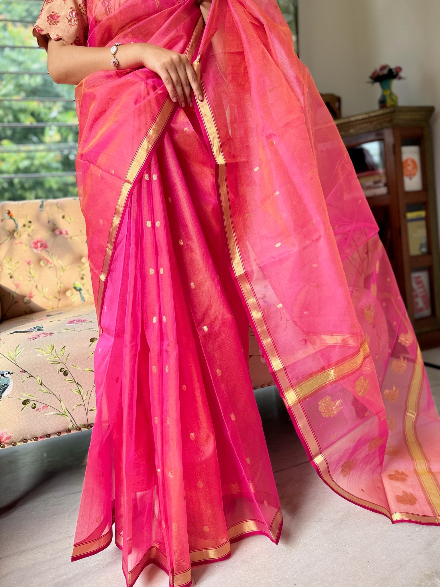 Bright Pink Handwoven Pure Silk Chanderi Saree