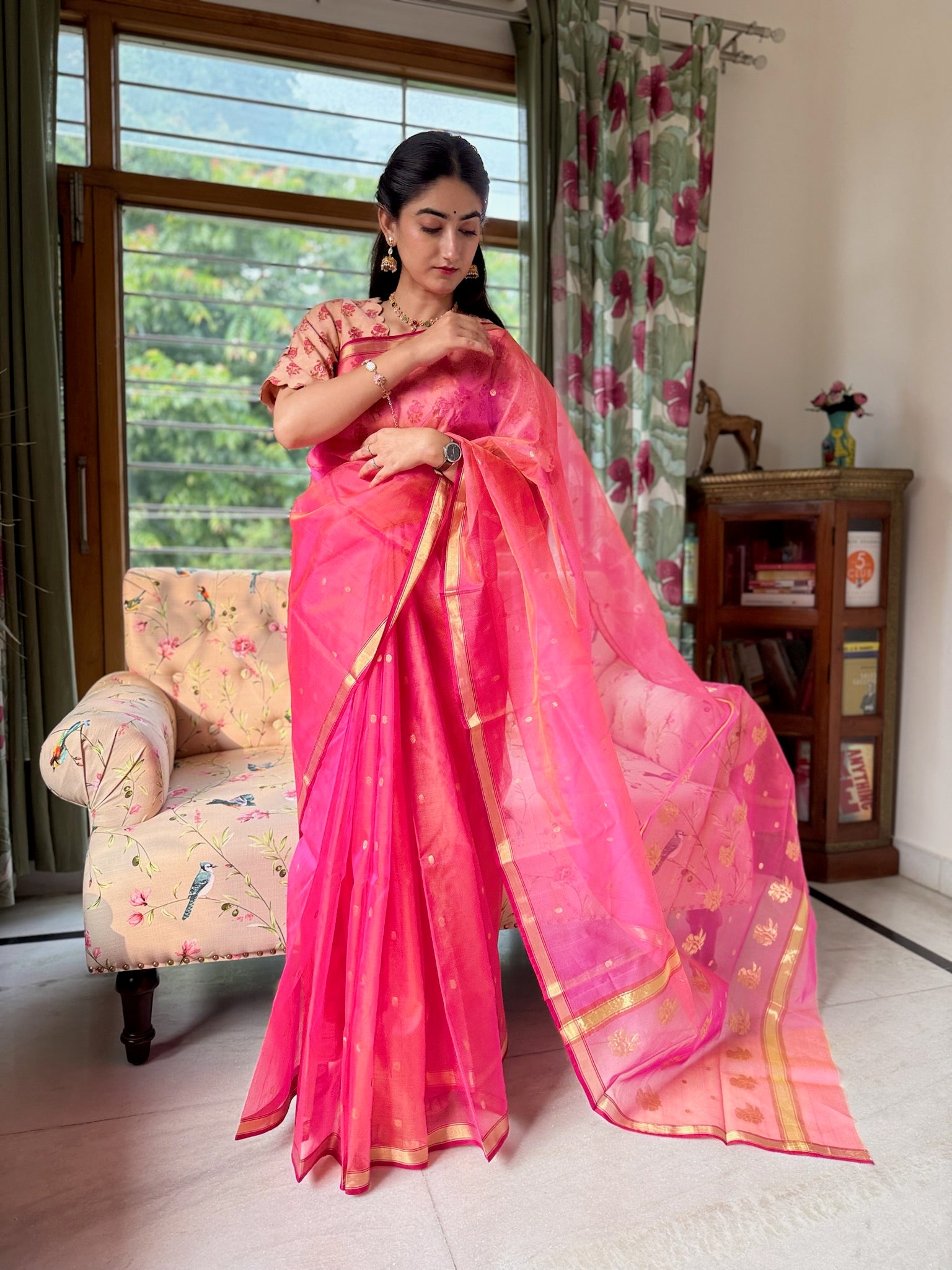 Bright Pink Handwoven Pure Silk Chanderi Saree