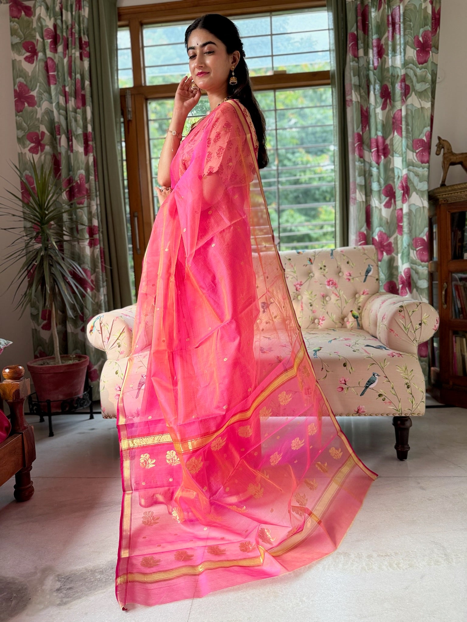Bright Pink Handwoven Pure Silk Chanderi Saree