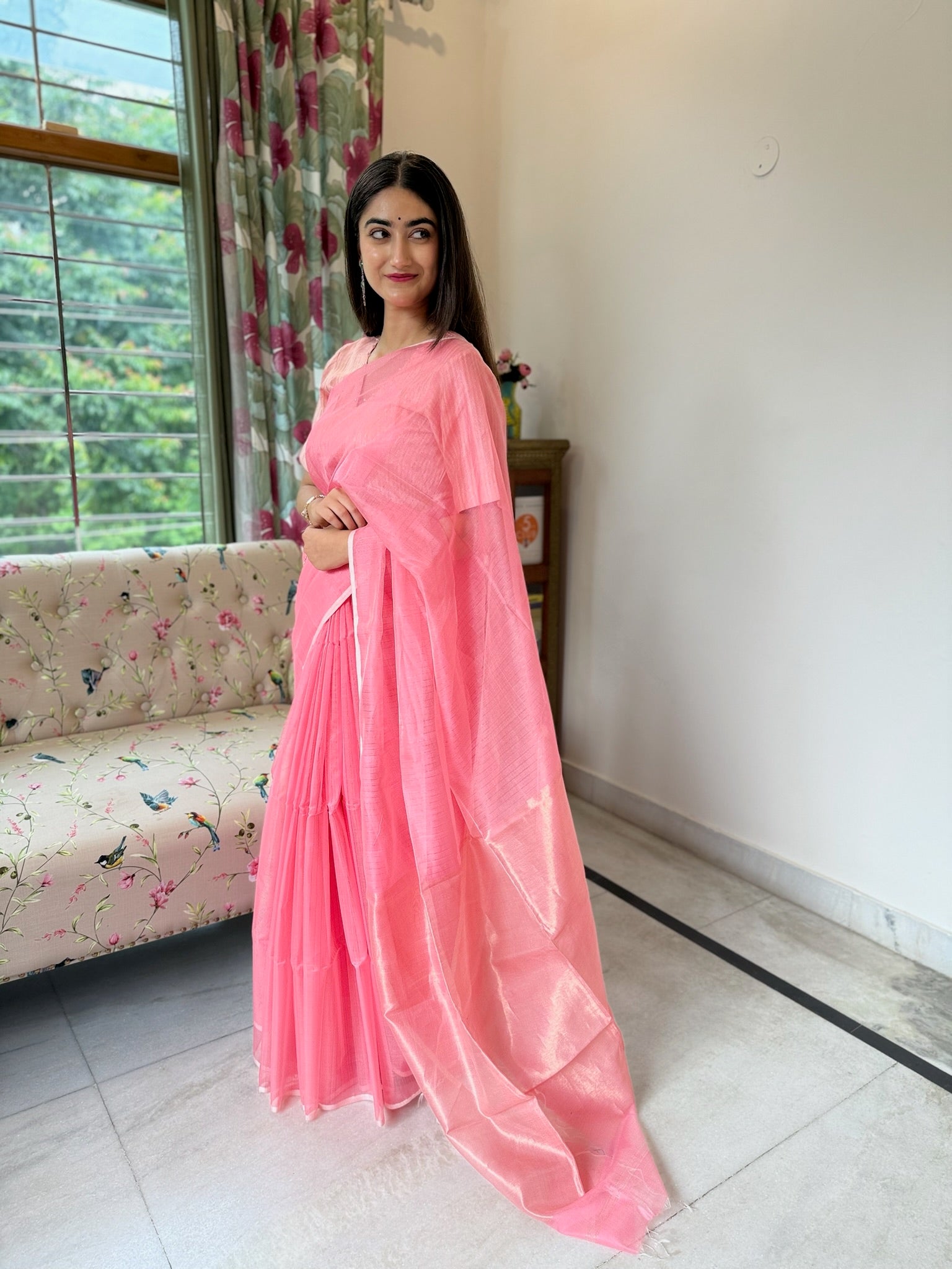 Blush Pink Cotton Silk Maheshwari Saree With Tissue Palla