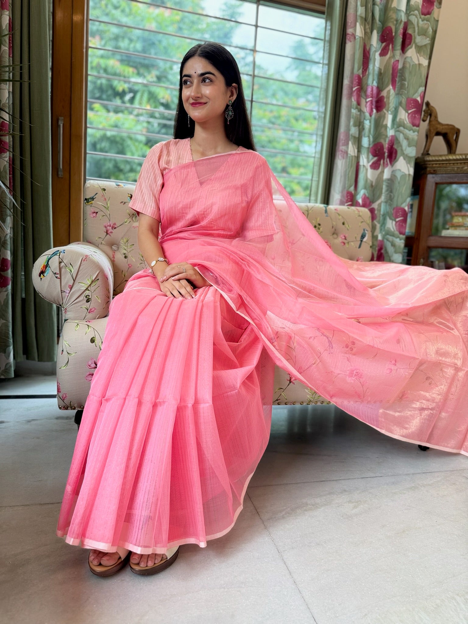 Blush Pink Cotton Silk Maheshwari Saree With Tissue Palla