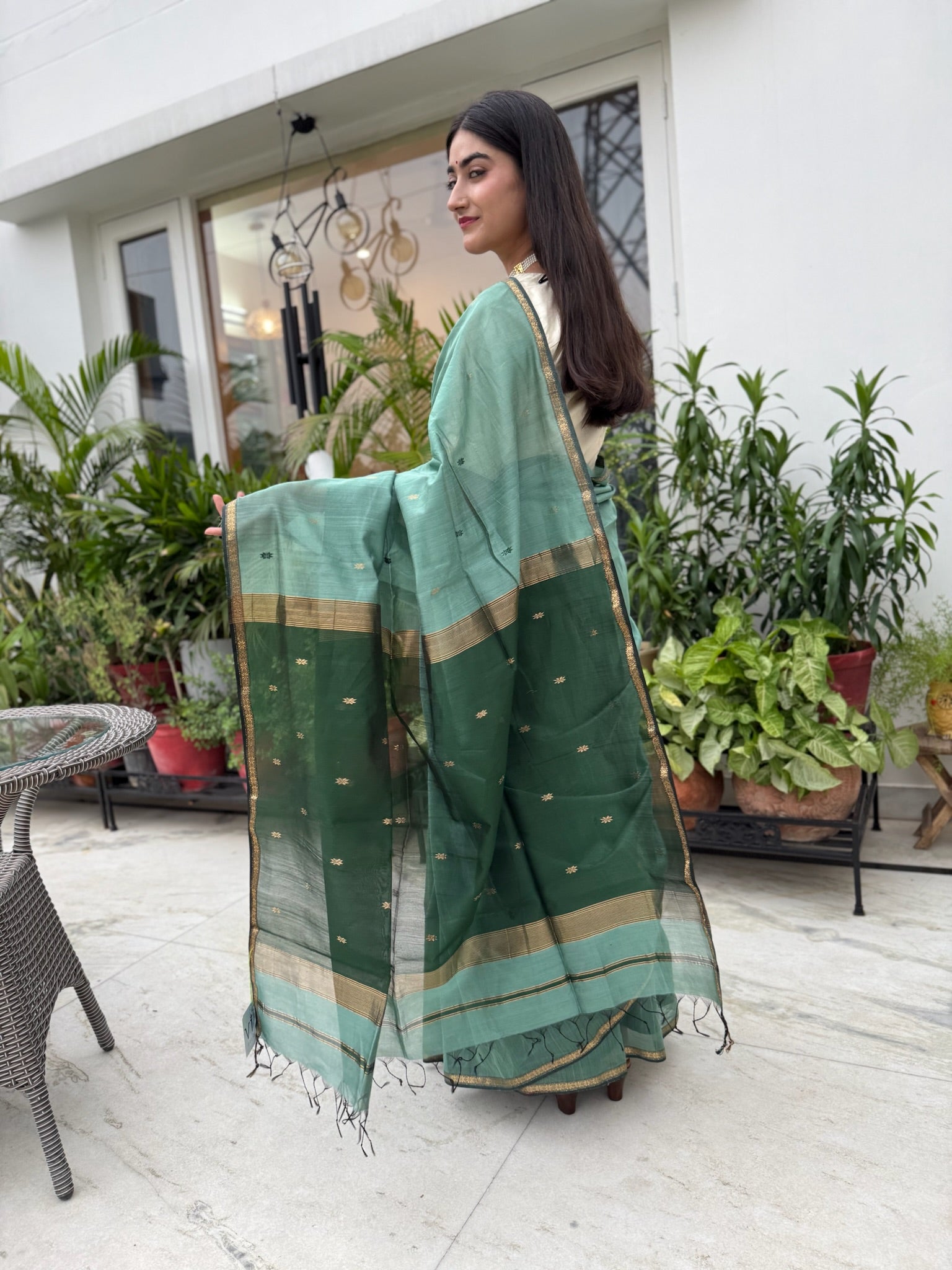 Classic Green Star Buti Handcrafted Cotton Silk Maheshwari Saree