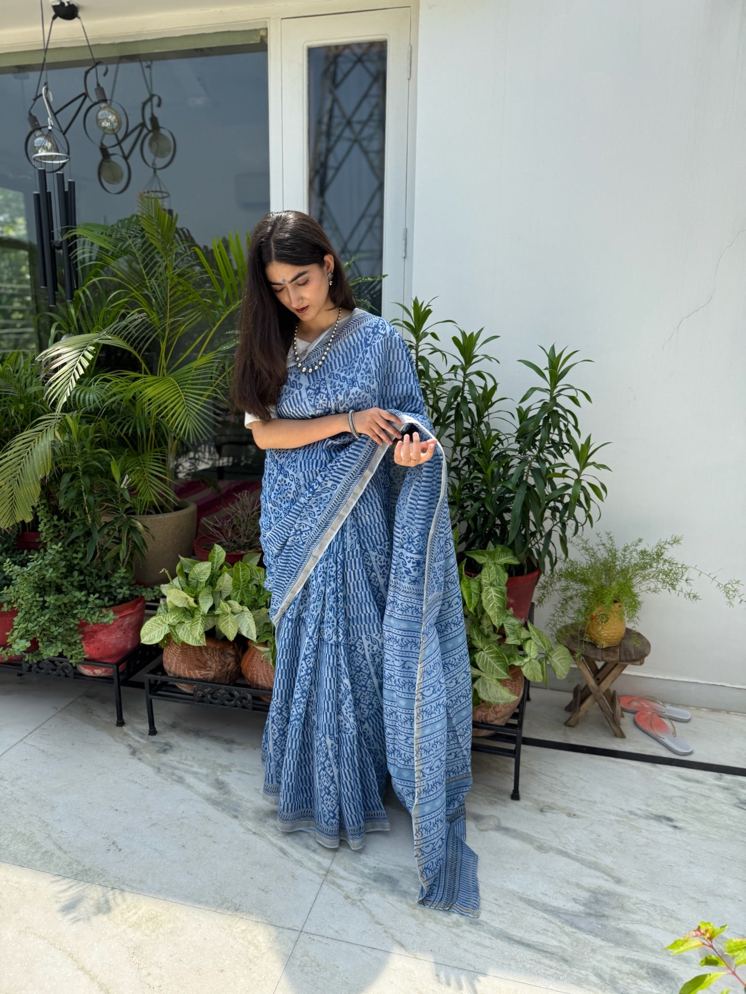 Sky Blue & White Hand Block Print Cotton Silk Chanderi Saree