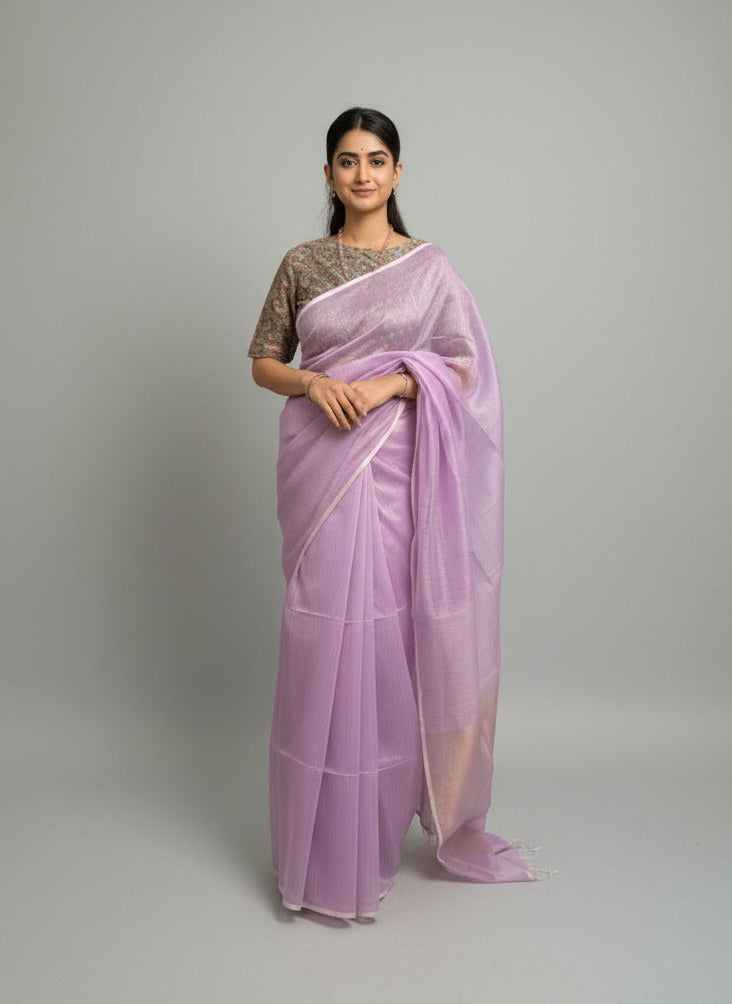 Mauve Cotton Silk Maheshwari Saree With Tissue Palla