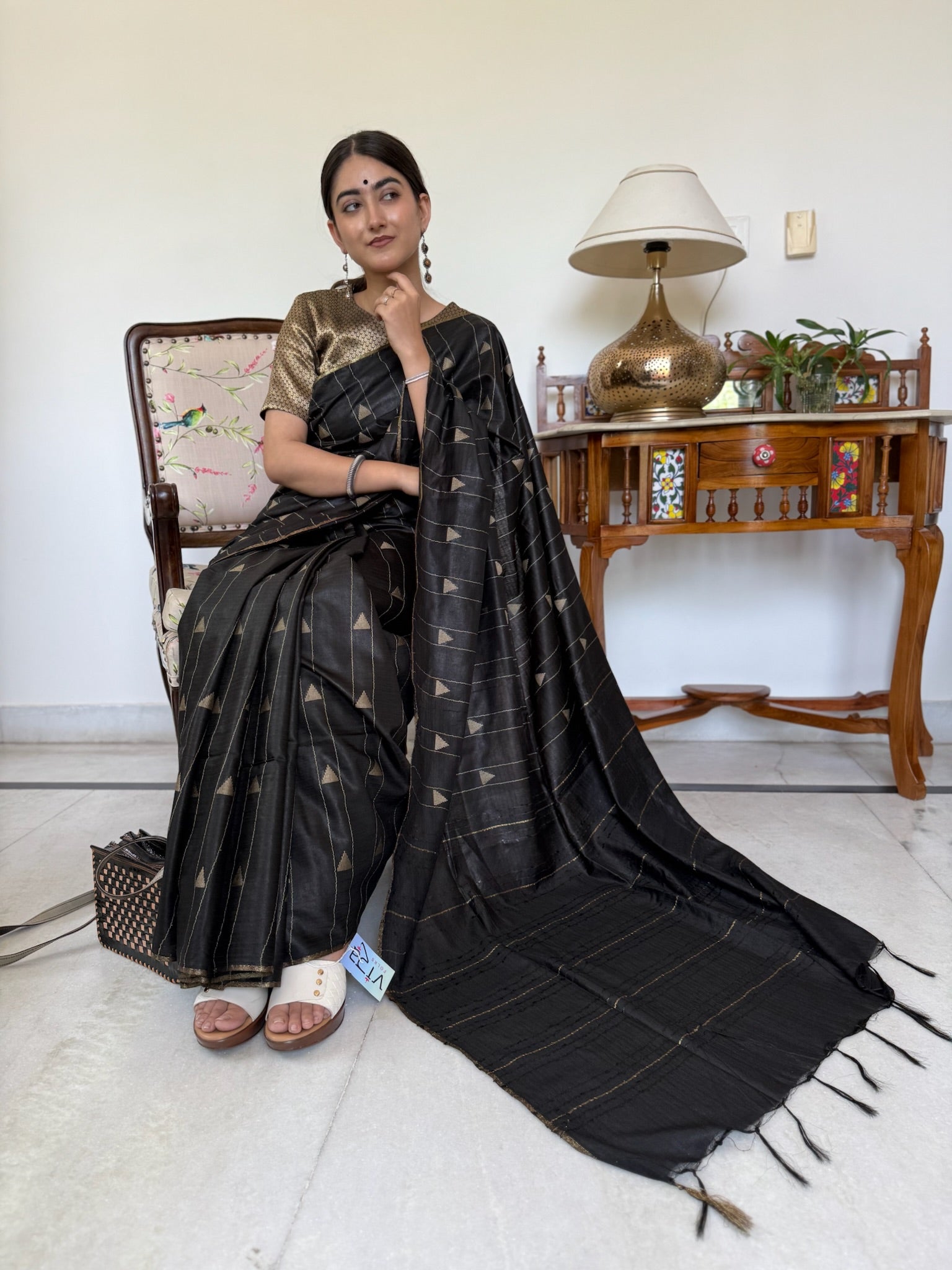 Black With Beige Motif Semi Tussar Silk Saree