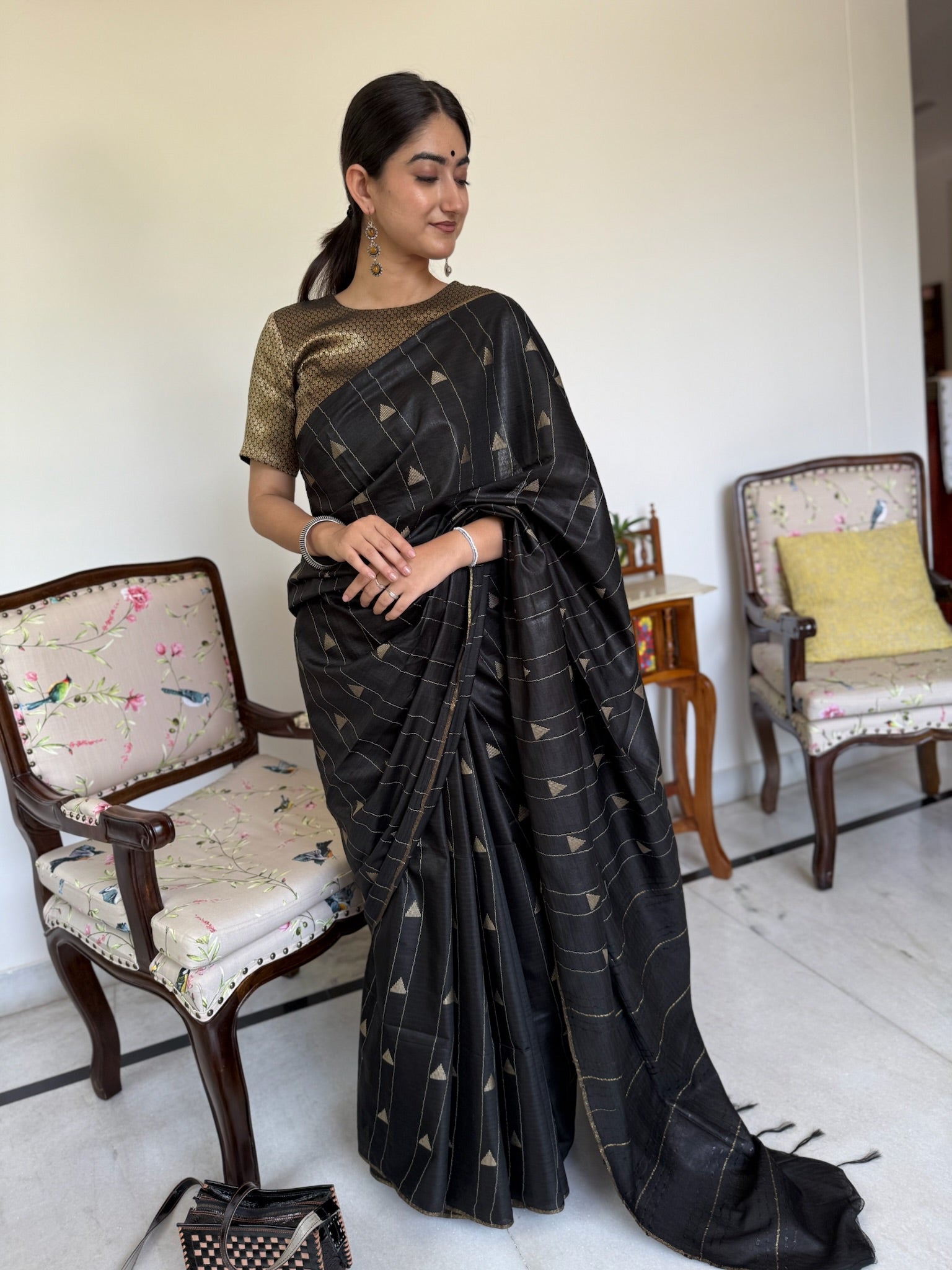 Black With Beige Motif Semi Tussar Silk Saree