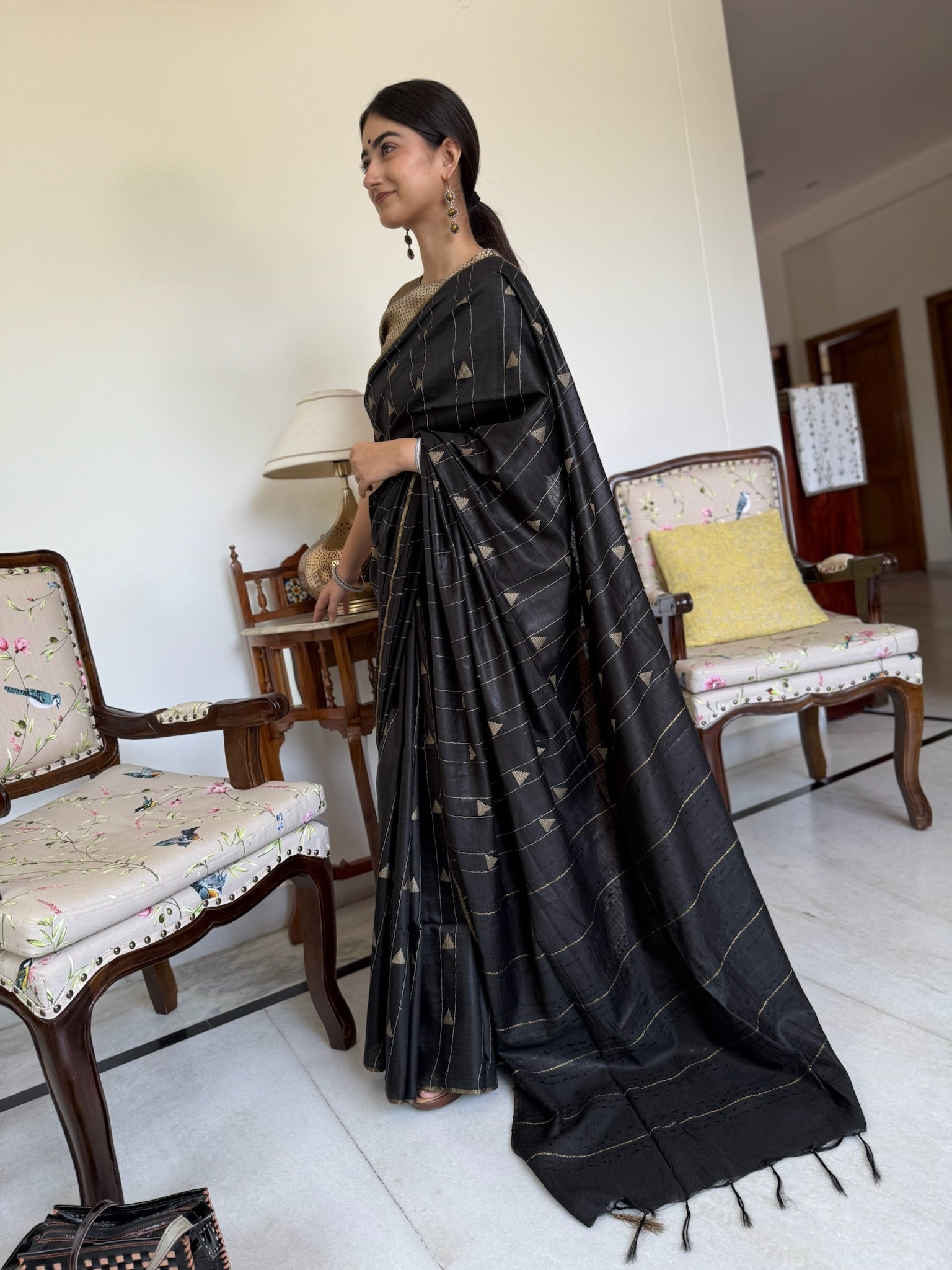 Black With Beige Motif Semi Tussar Silk Saree