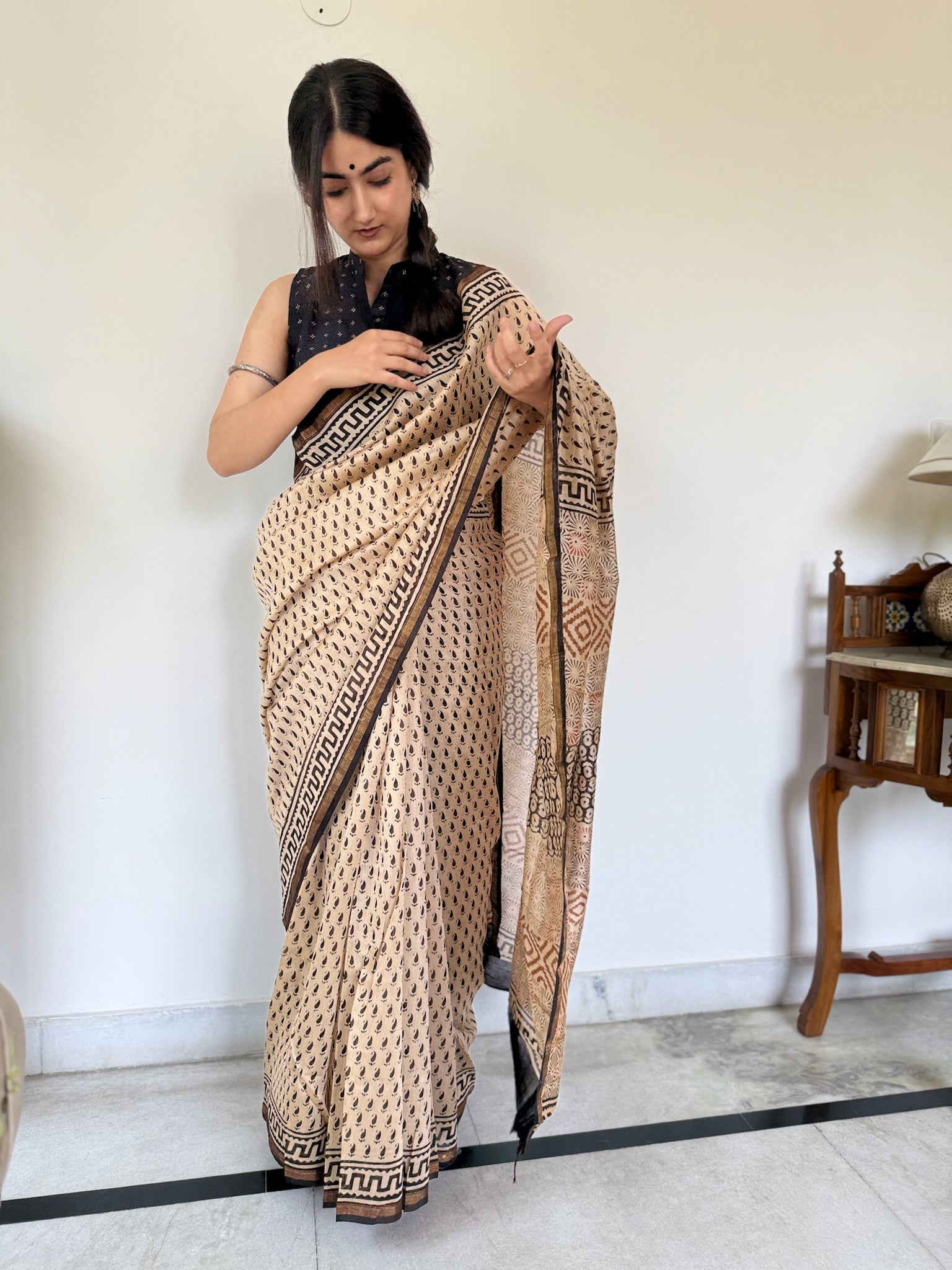 Ivory Beige Black Booti with Tribal Block Pallu Cotton Silk Chanderi Saree