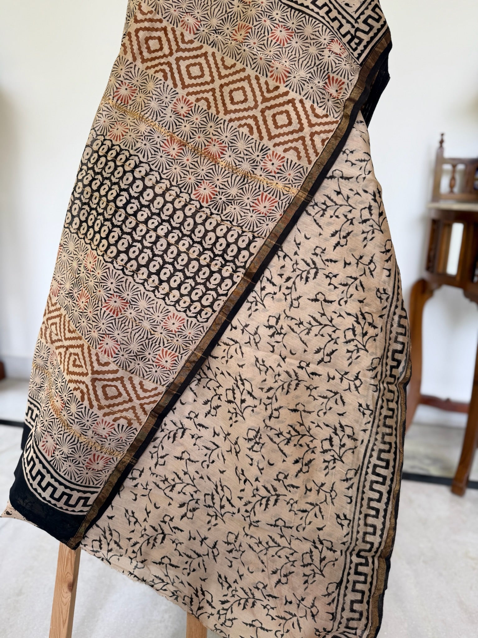 Ivory Beige Black Booti with Tribal Block Pallu Cotton Silk Chanderi Saree