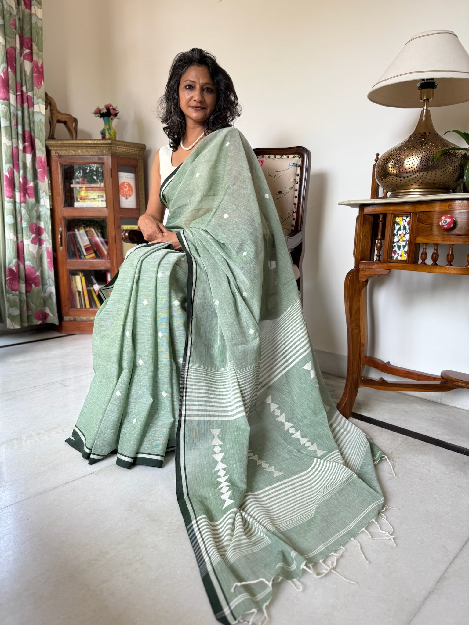 Sage Serenity With Ivory Geometry Pure Cotton Jamdani Saree