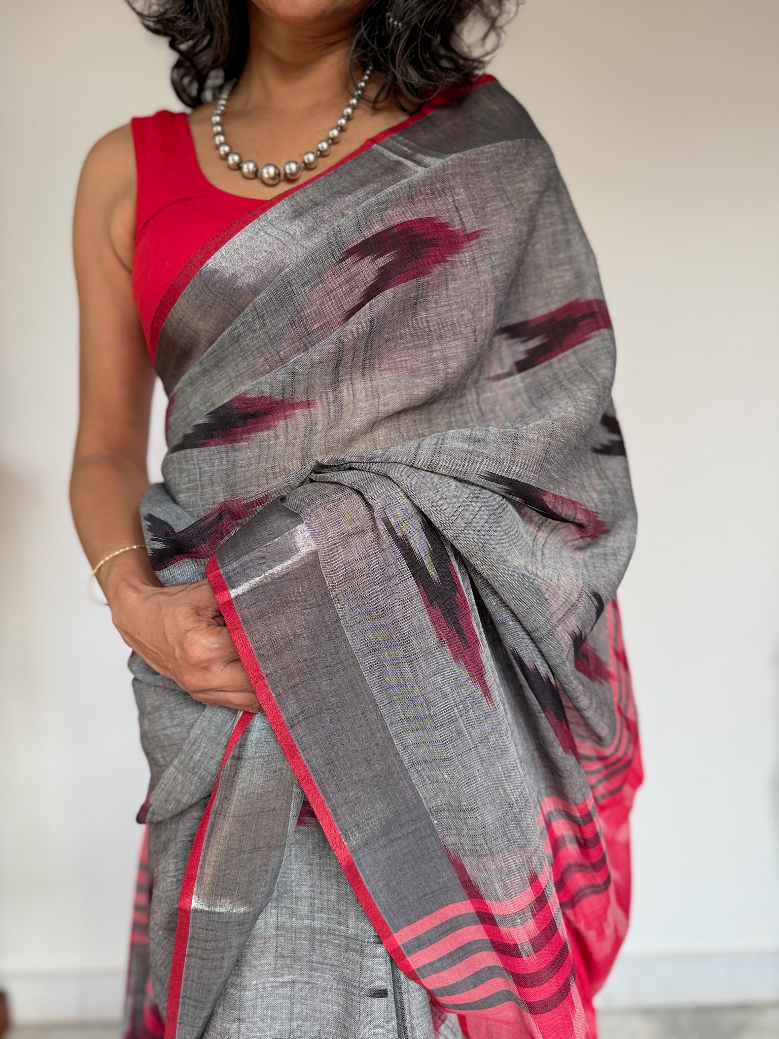 Grey Pink Pure Linen Saree With Silver Zari Border