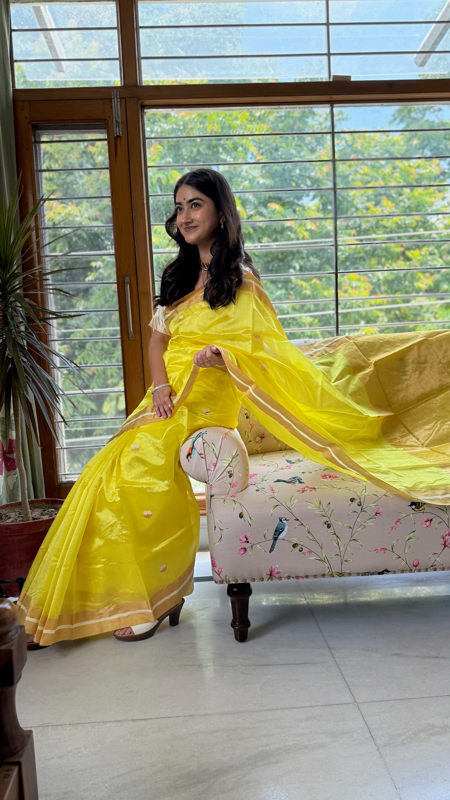 Bright Yellow Handwoven Pure Silk Chanderi Saree