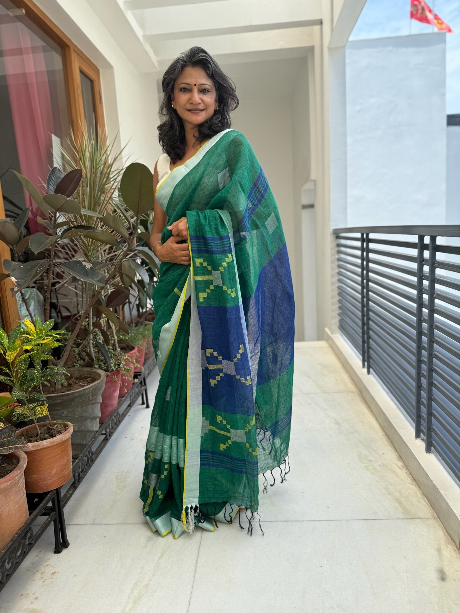 Bottle Green Blue Pure Linen Saree