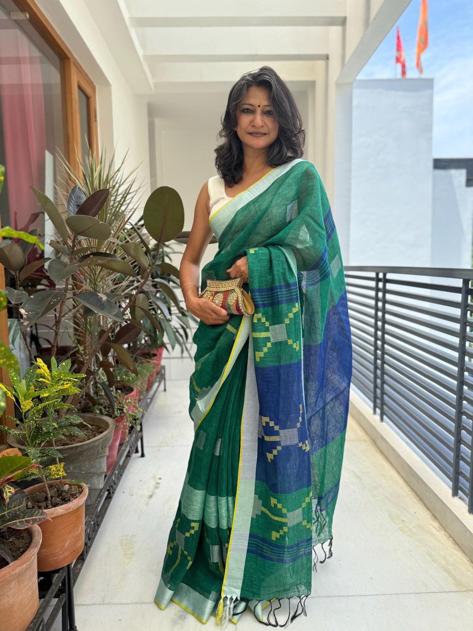 Bottle Green Blue Pure Linen Saree