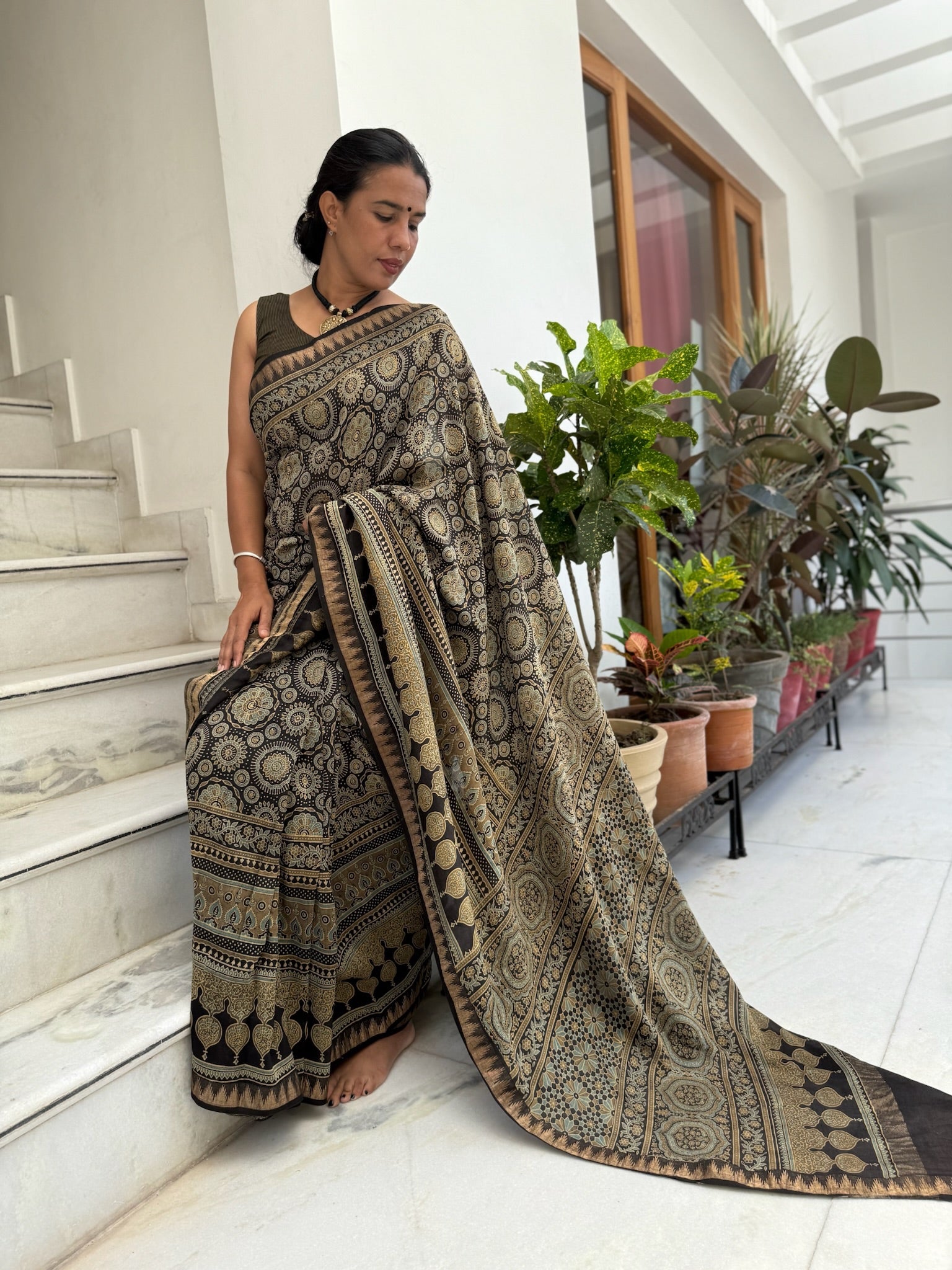 Olive Black Ajrakh Hand Block Cotton Silk Maheshwari Saree