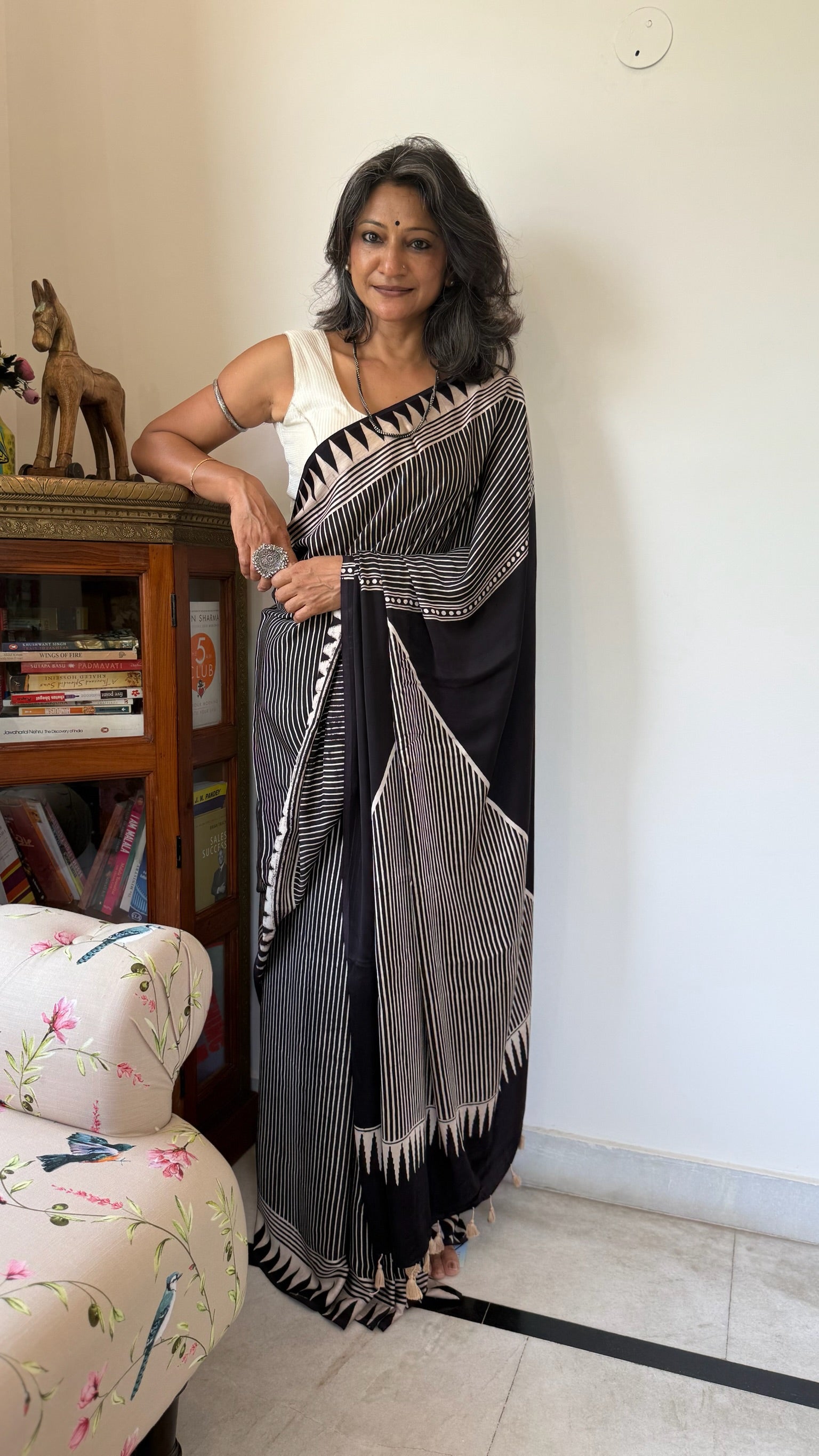 Black And White Hand Block Ajrakh Modal Silk Saree