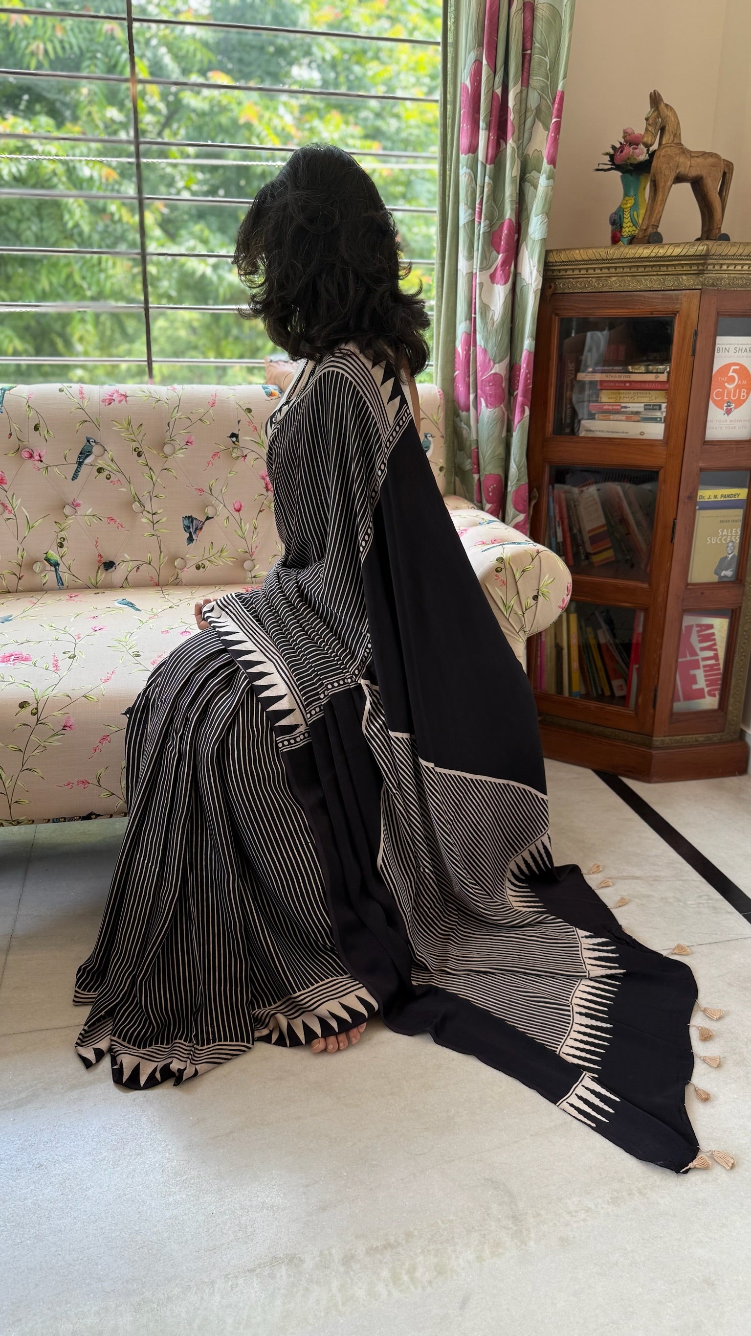 Black And White Hand Block Ajrakh Modal Silk Saree