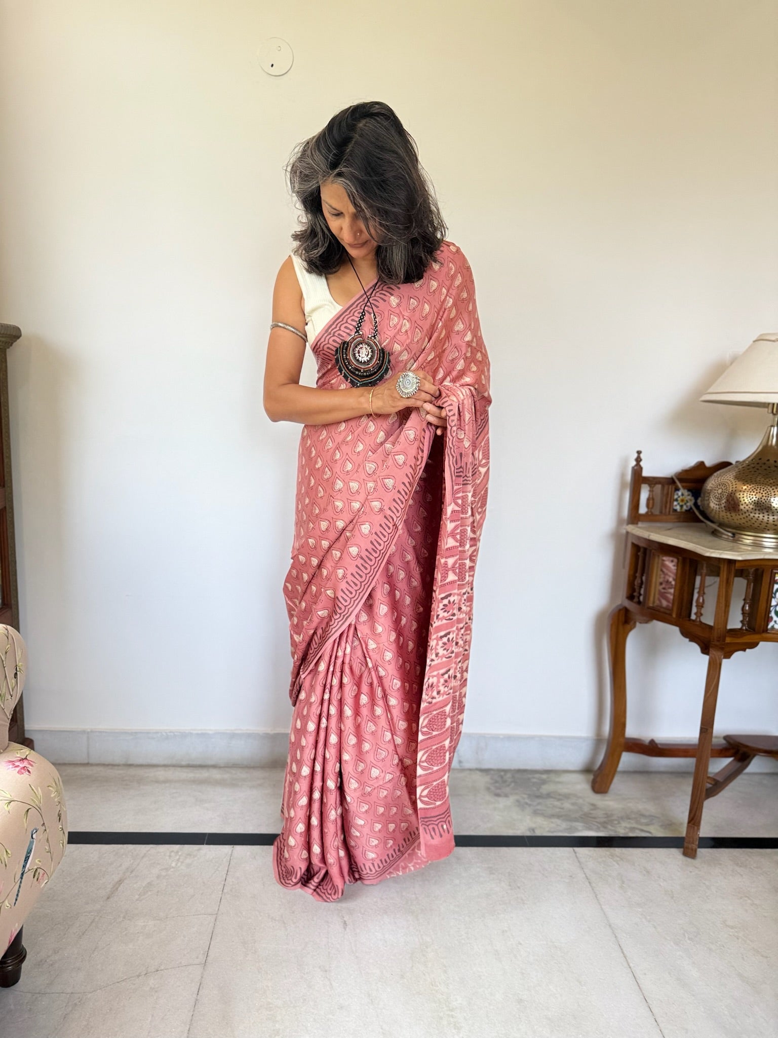 Pink Beige Hand Block Ajrakh Modal Silk Saree