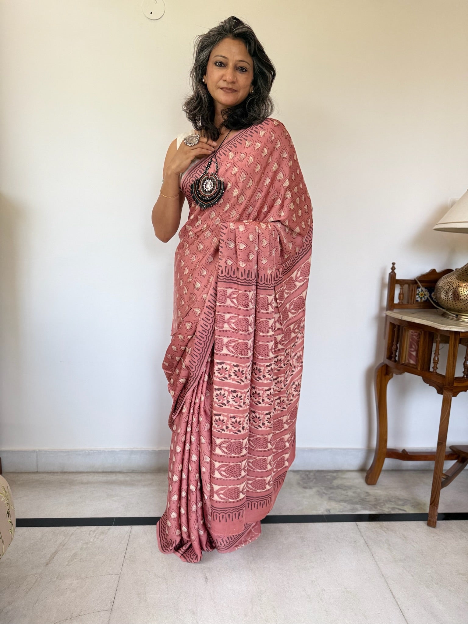 Pink Beige Hand Block Ajrakh Modal Silk Saree