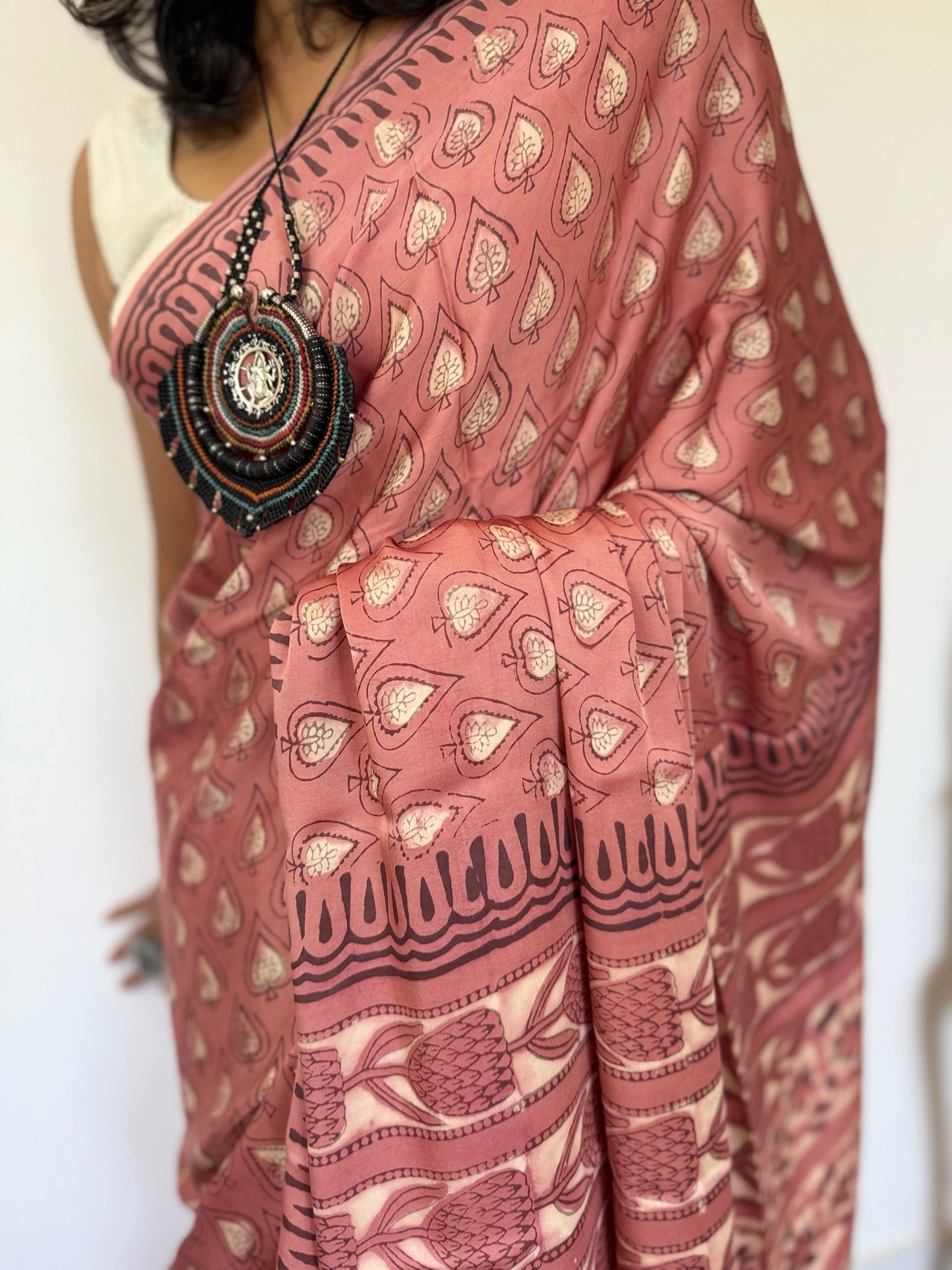 Pink Beige Hand Block Ajrakh Modal Silk Saree