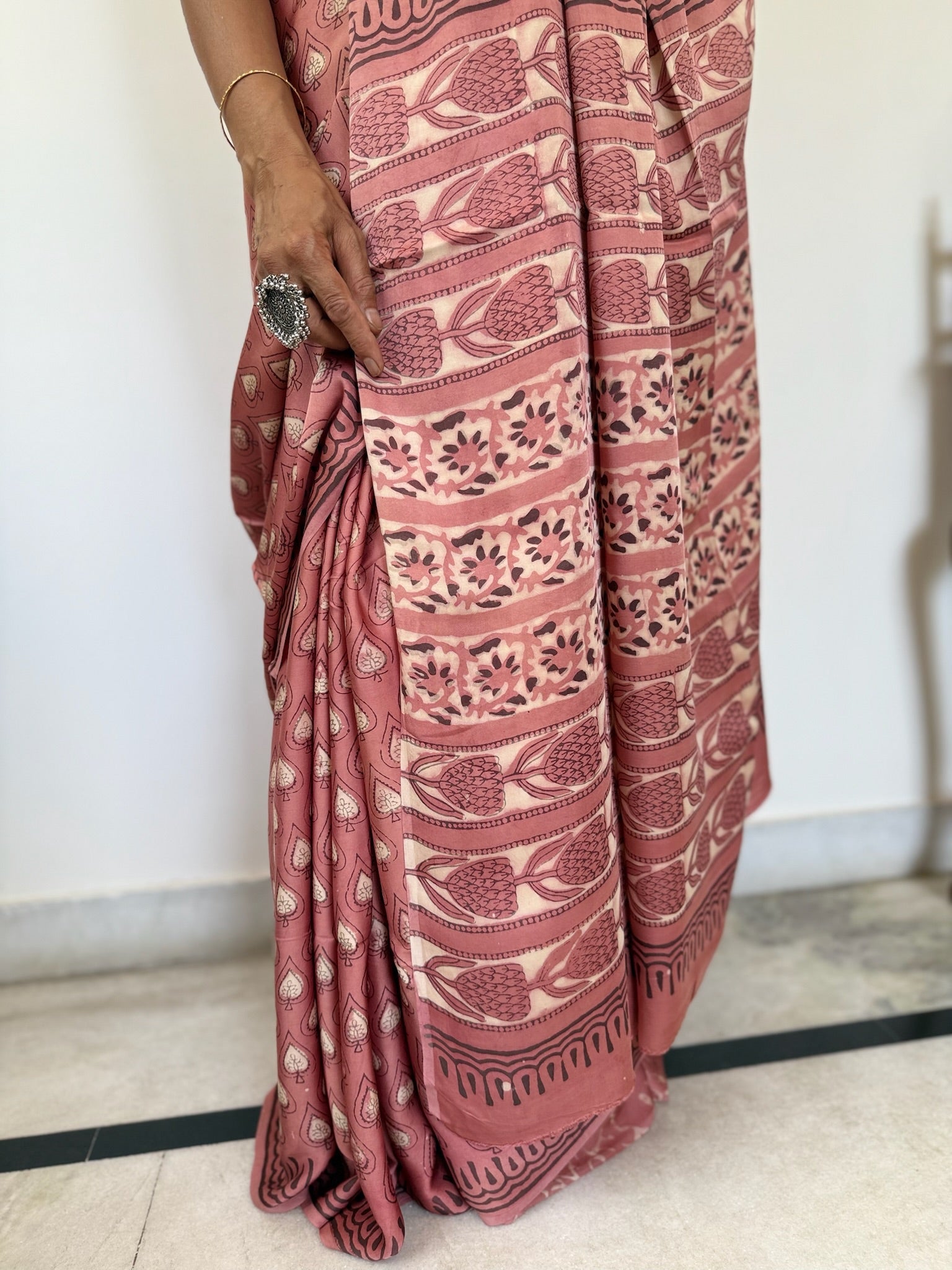 Pink Beige Hand Block Ajrakh Modal Silk Saree