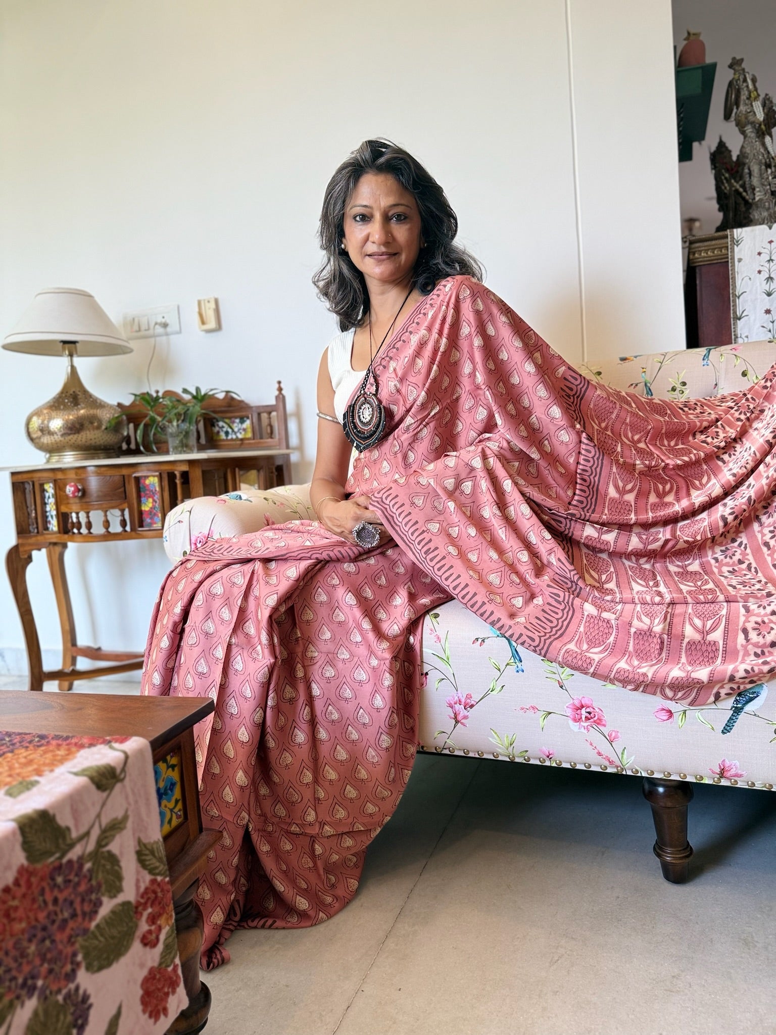 Pink Beige Hand Block Ajrakh Modal Silk Saree