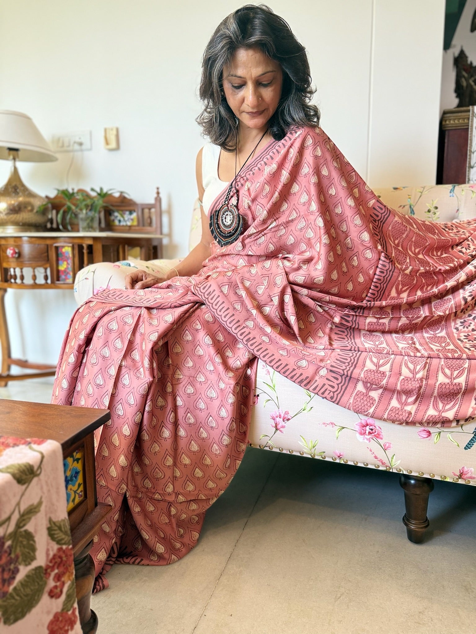 Pink Beige Hand Block Ajrakh Modal Silk Saree