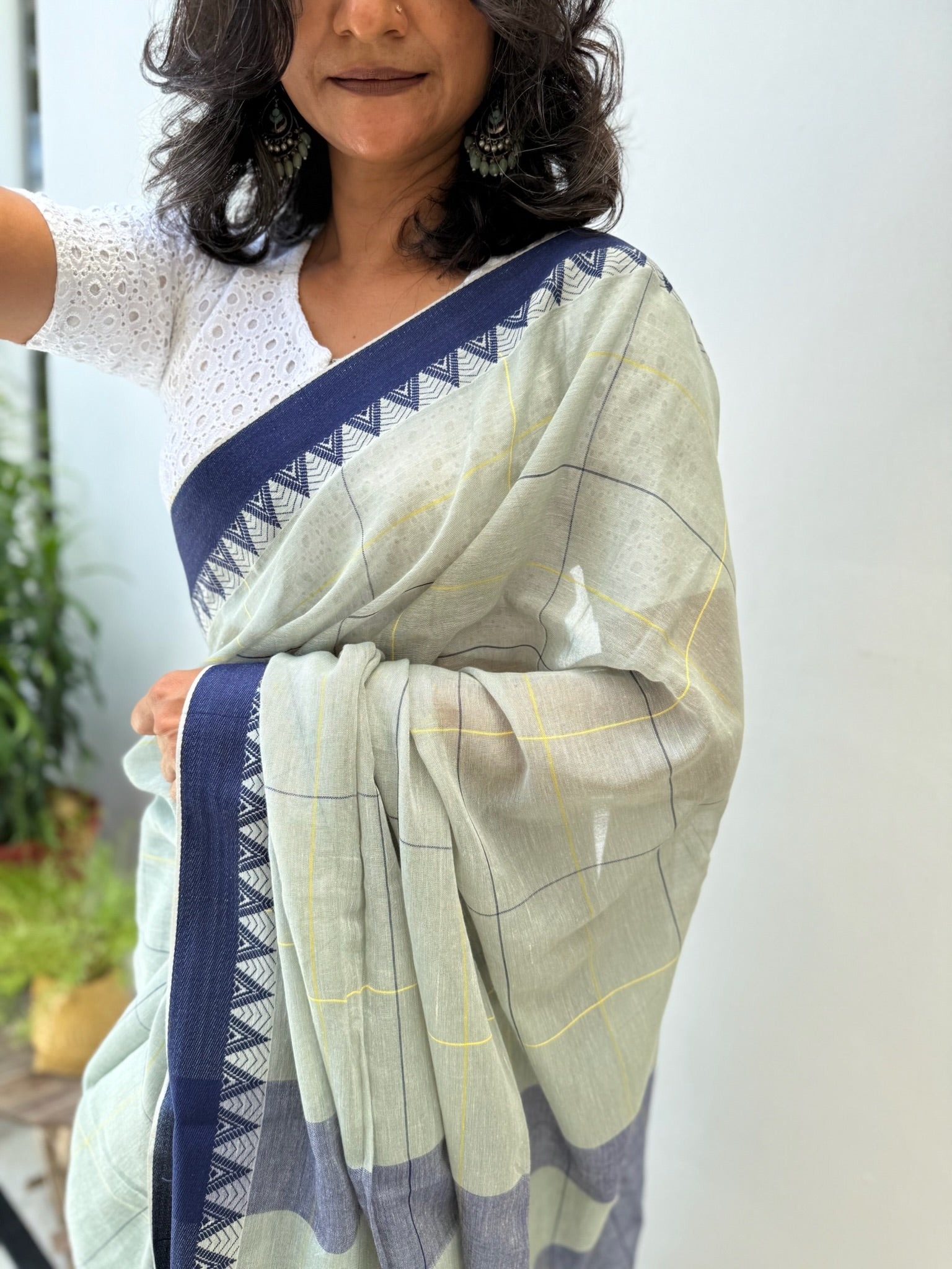Elegant blue Cotton Saree with check and temple border
