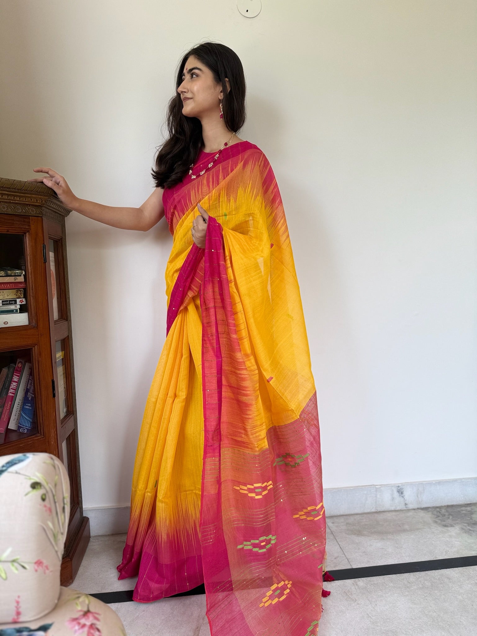Luminous Yellow Pink Handwoven Bengal Silk Saree
