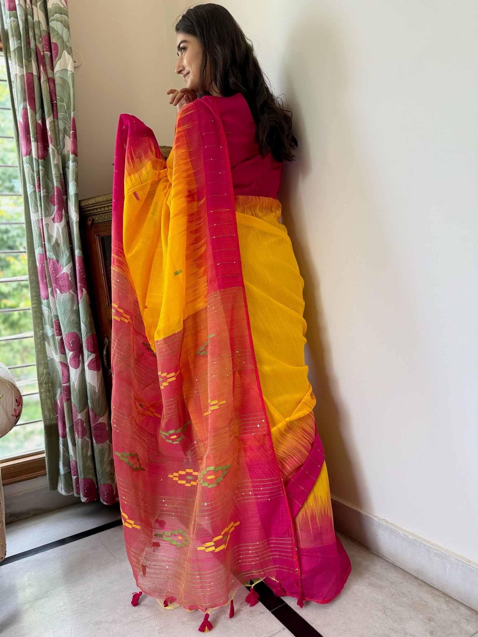 Luminous Yellow Pink Handwoven Bengal Silk Saree