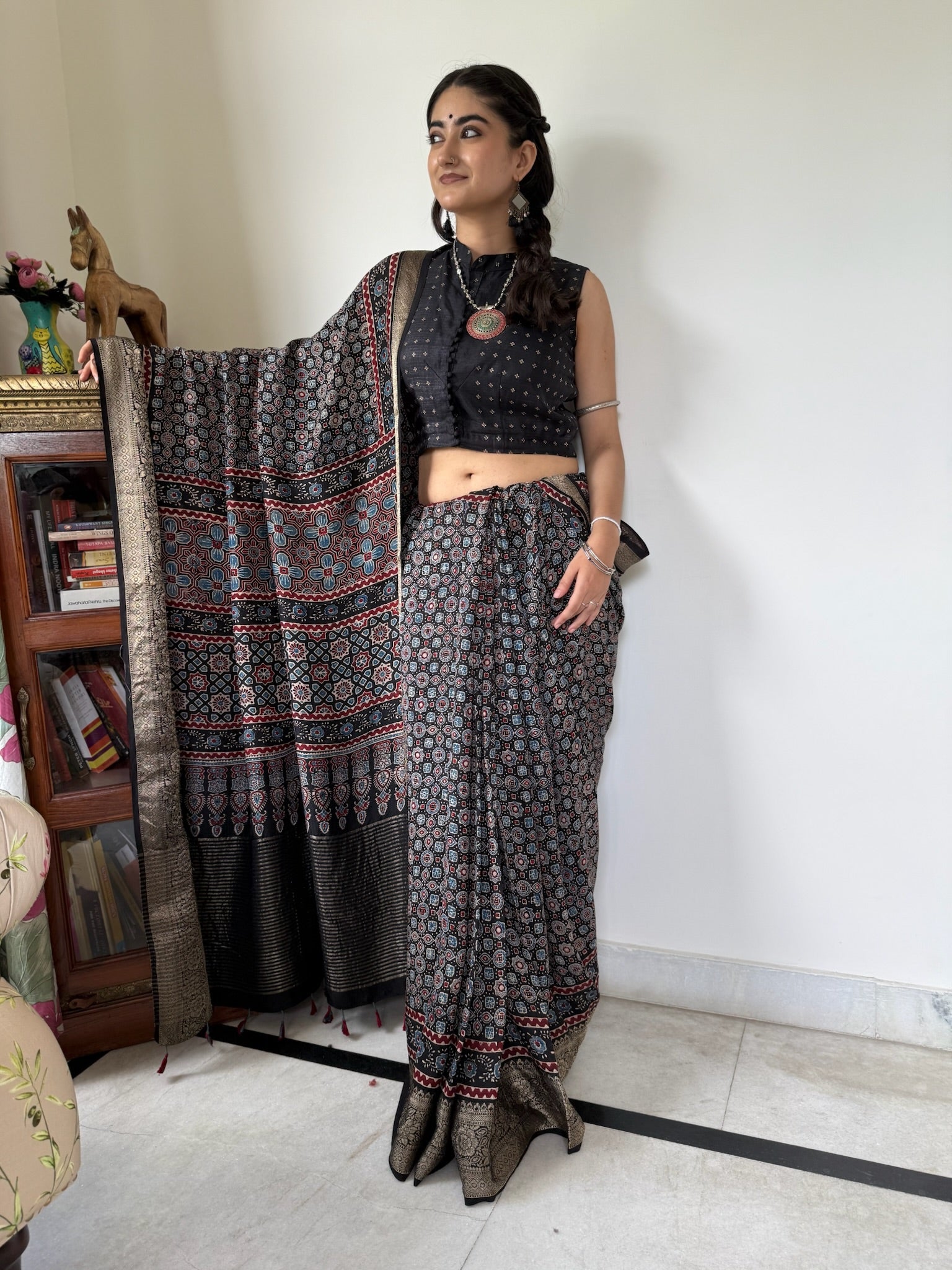 Black Indigo Hand Block Ajrakh Dola Silk Saree