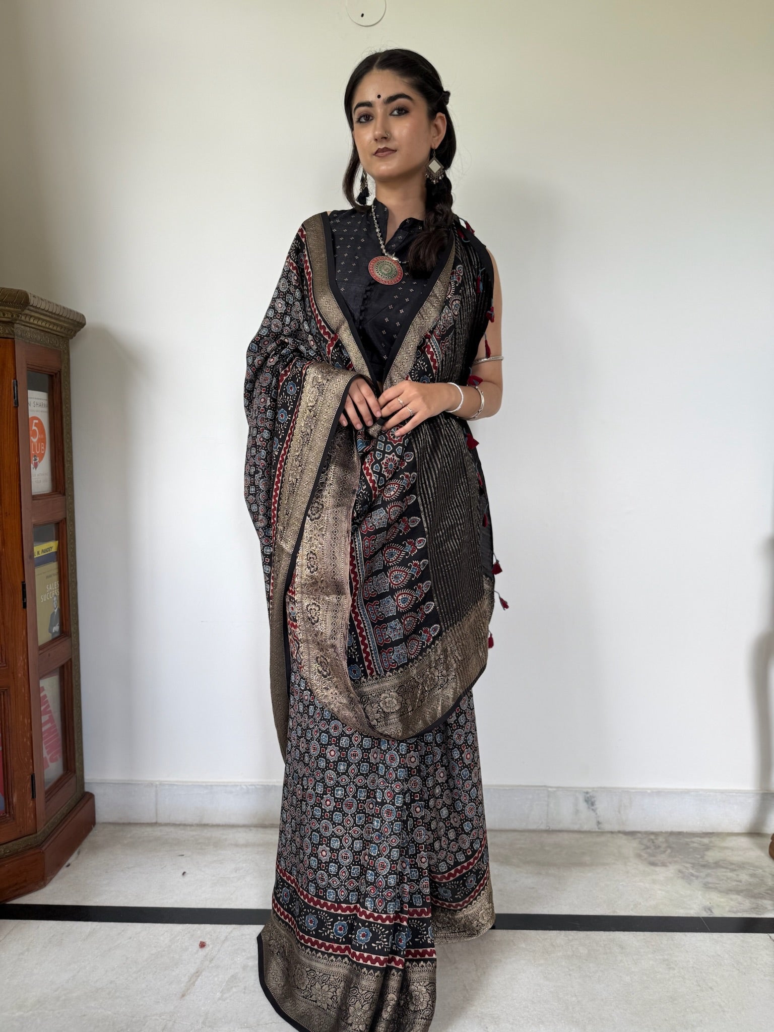 Black Indigo Hand Block Ajrakh Dola Silk Saree