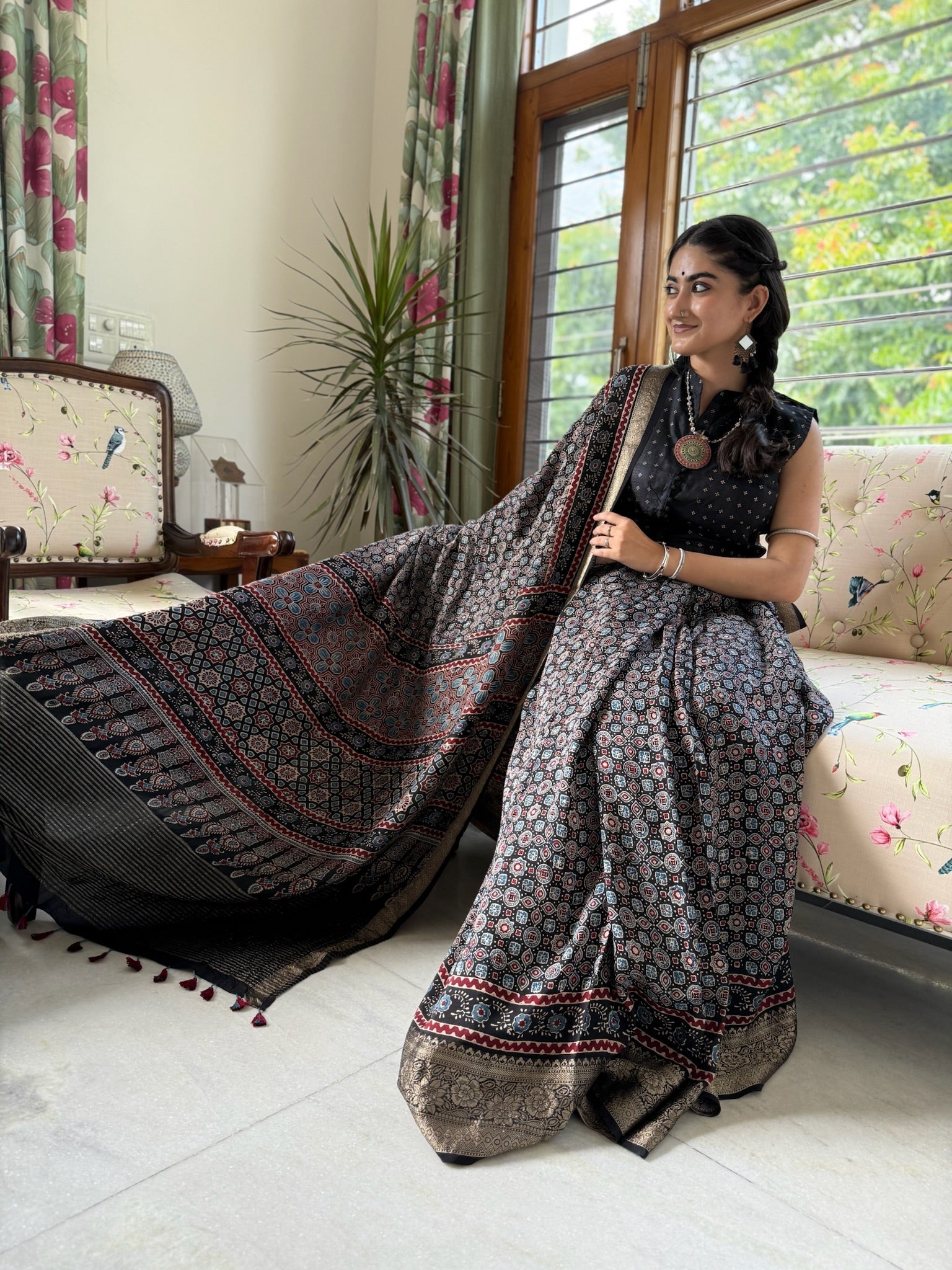 Black Indigo Hand Block Ajrakh Dola Silk Saree