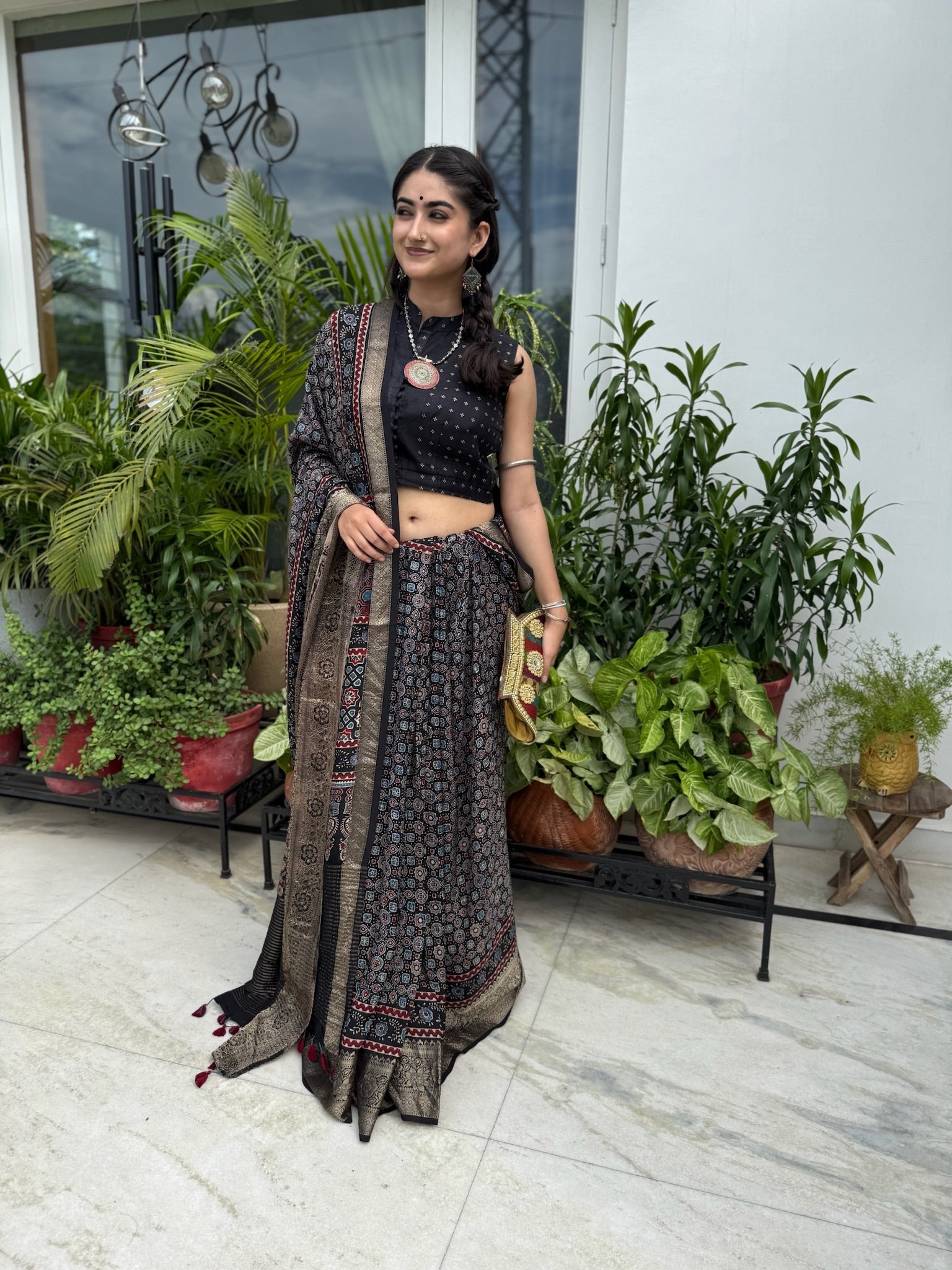 Black Indigo Hand Block Ajrakh Dola Silk Saree