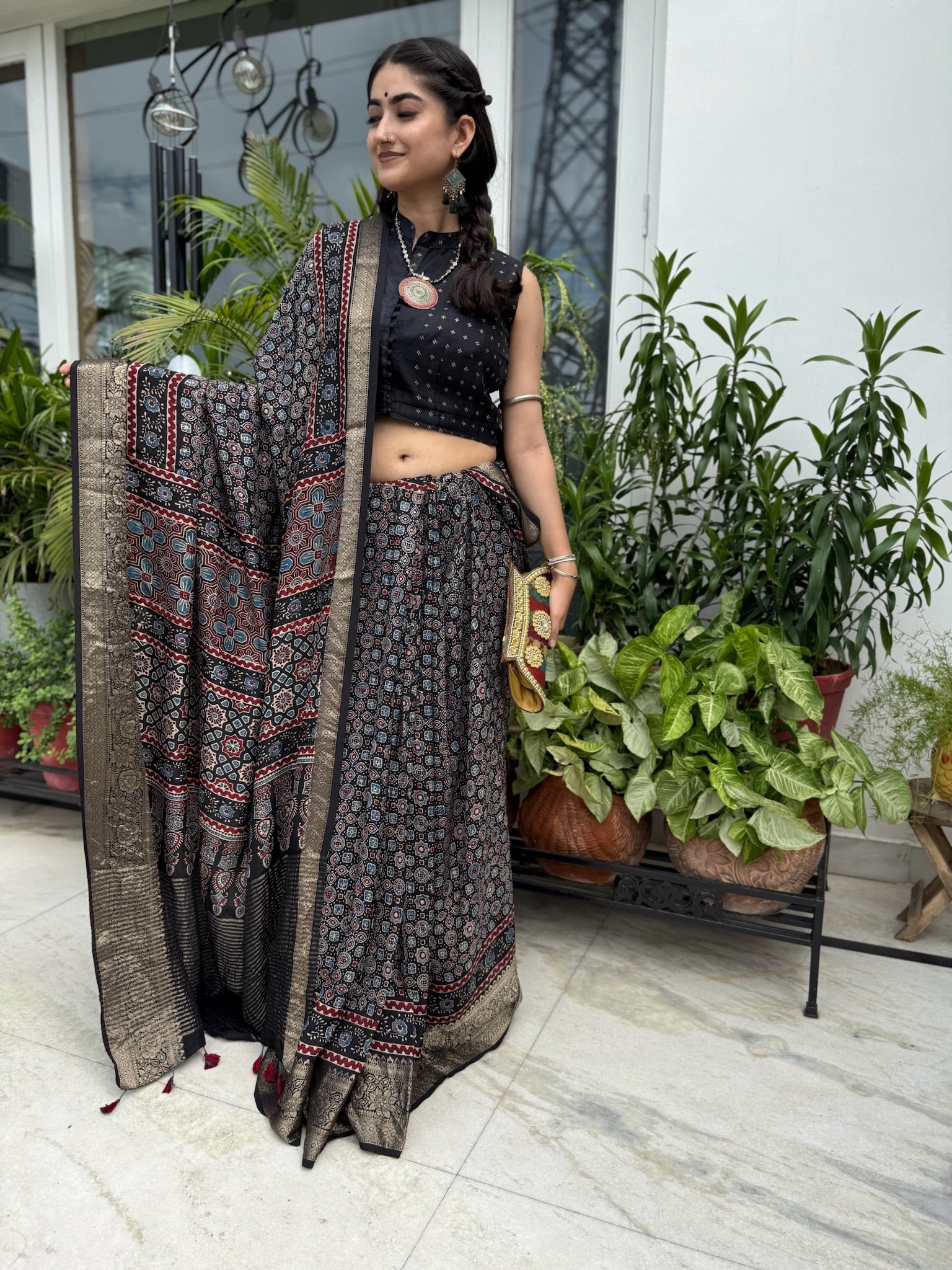 Black Indigo Hand Block Ajrakh Dola Silk Saree