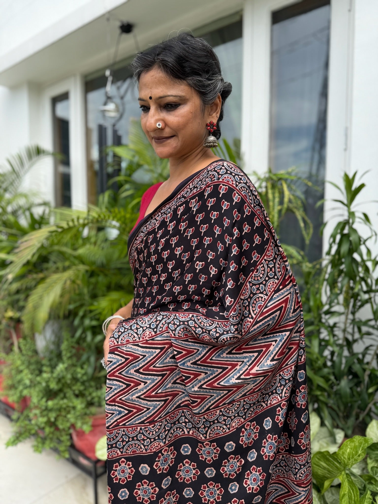 Black Kashish Hand Block Ajrakh Modal Silk Saree