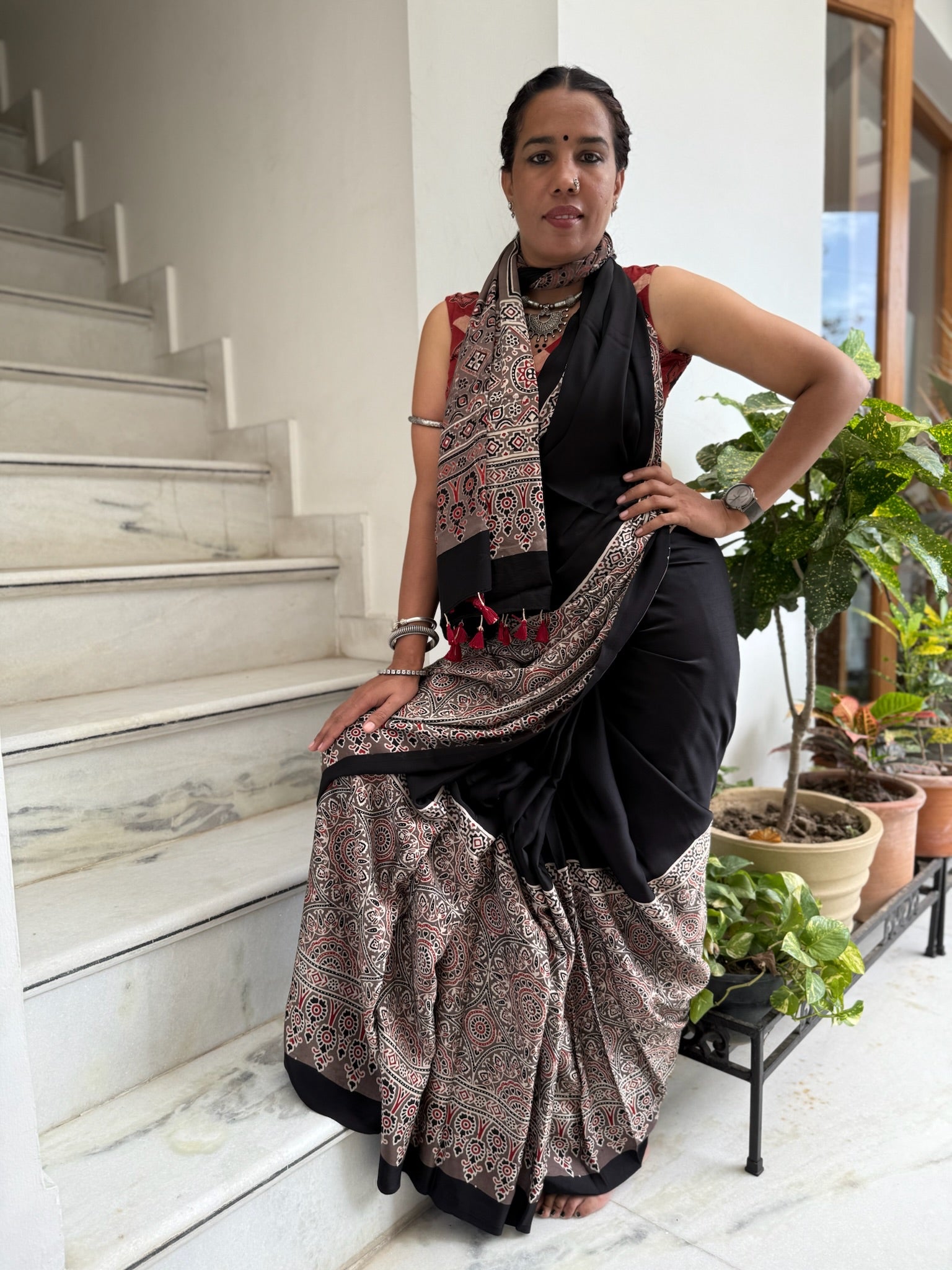 Black Kashish Hand Block Ajrakh Modal Silk Saree