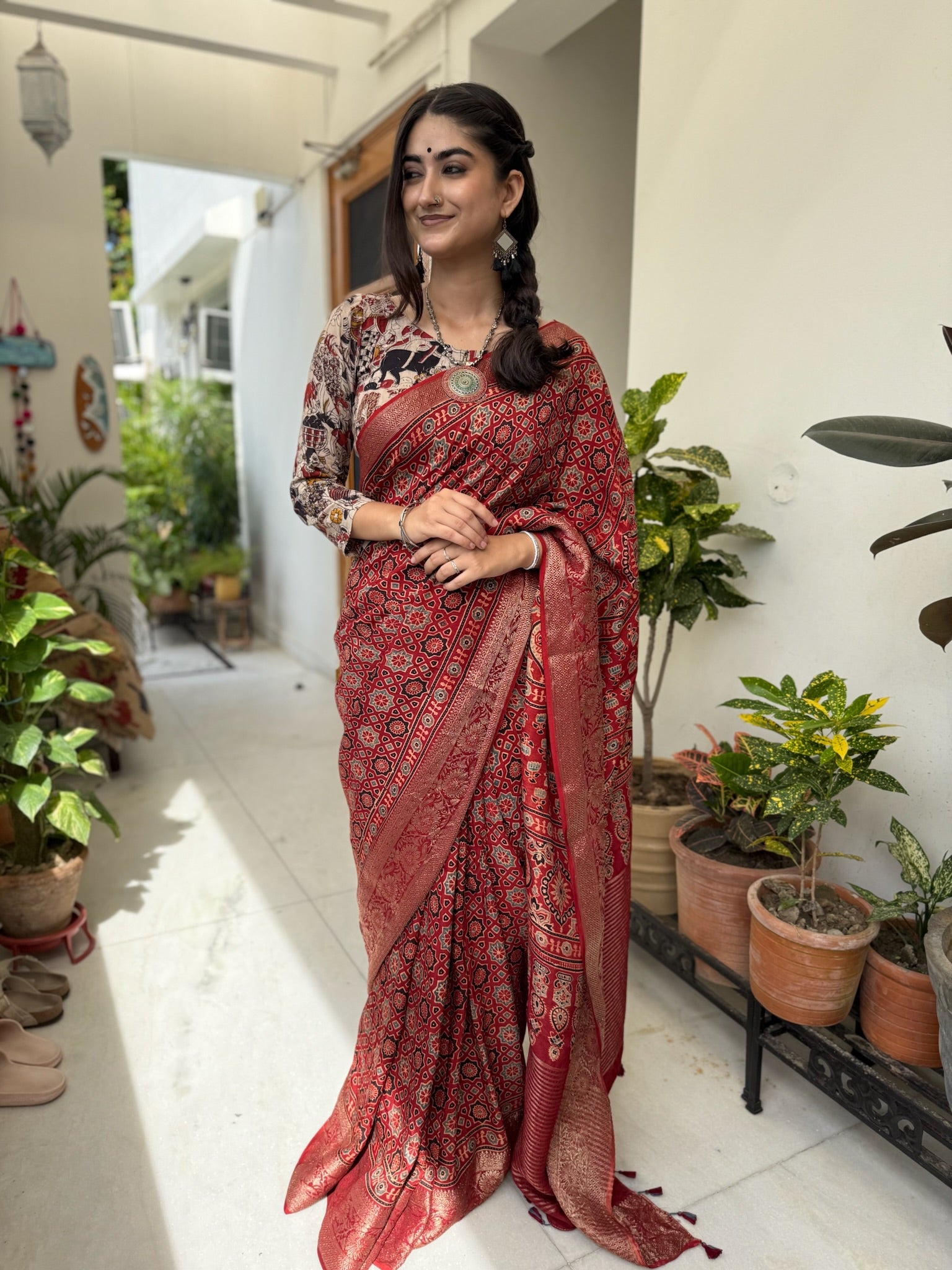 Rich Crimson Red Hand Block Ajrakh Dola Silk Saree