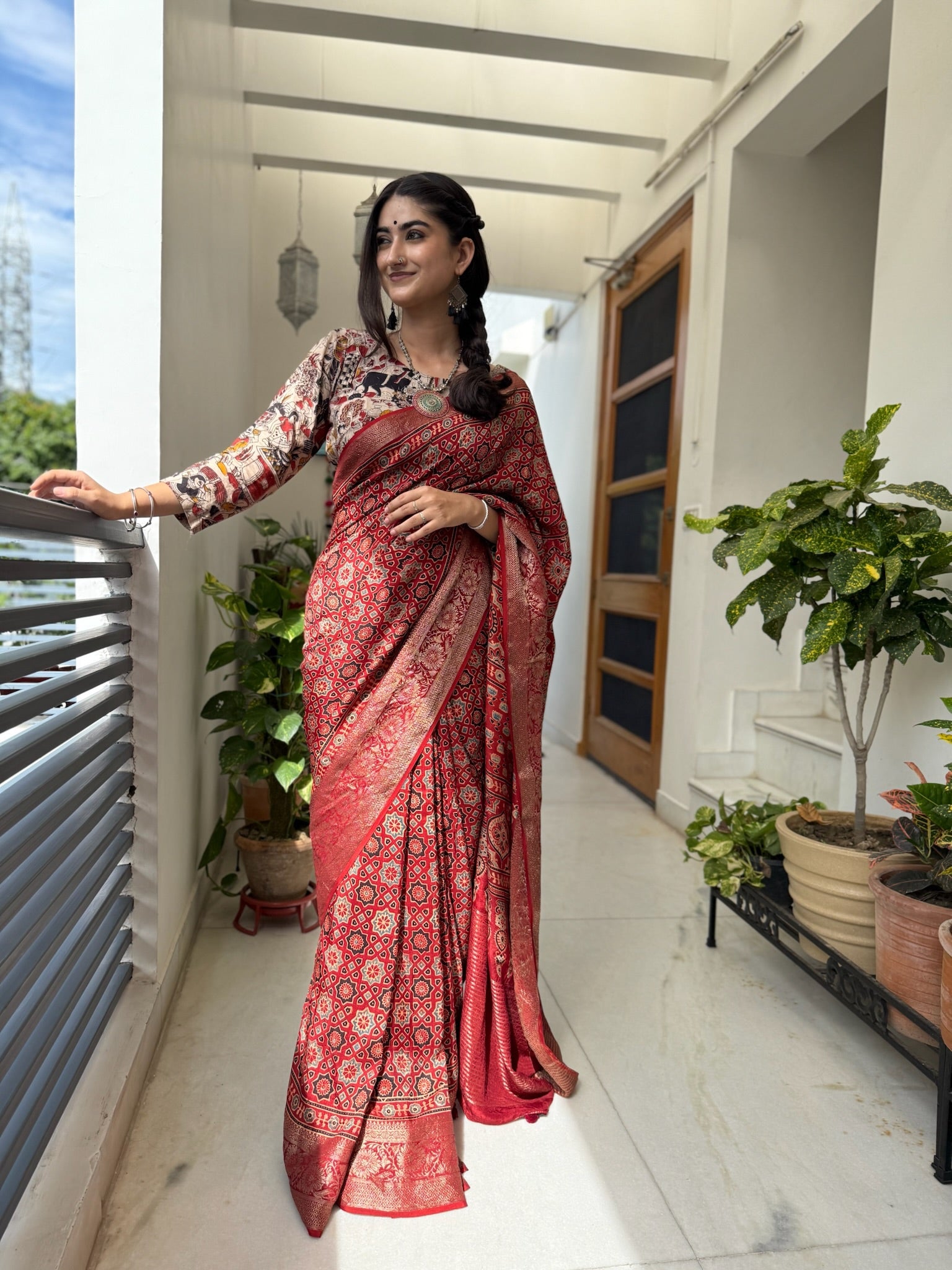 Rich Crimson Red Hand Block Ajrakh Dola Silk Saree