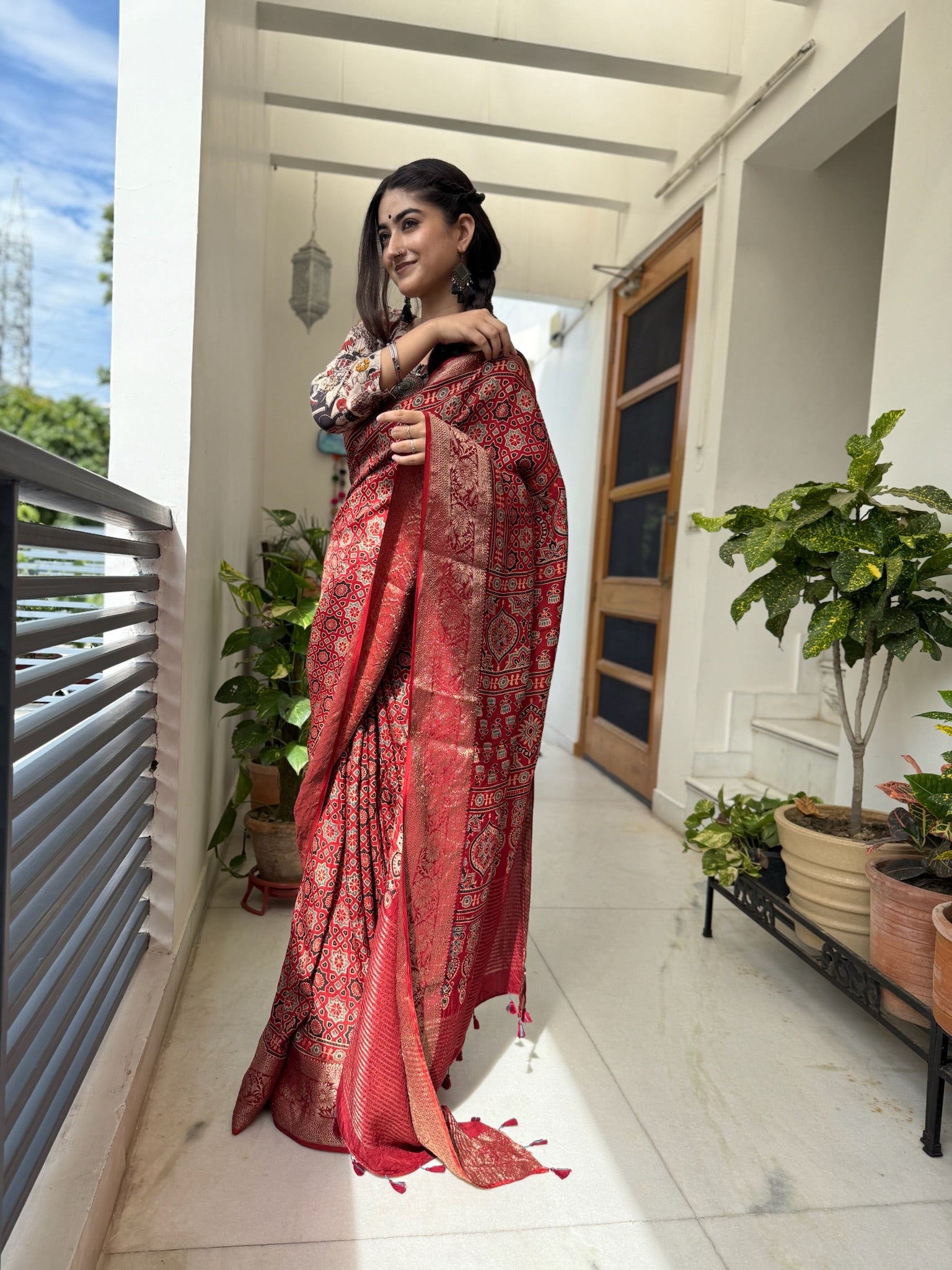 Rich Crimson Red Hand Block Ajrakh Dola Silk Saree