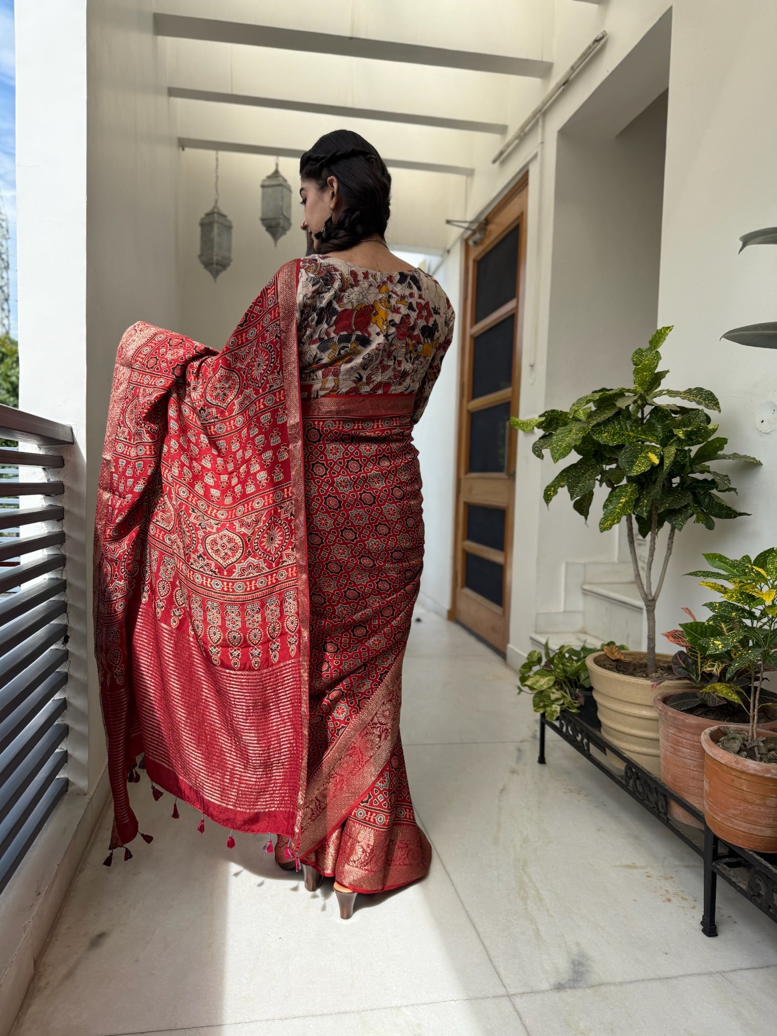 Rich Crimson Red Hand Block Ajrakh Dola Silk Saree