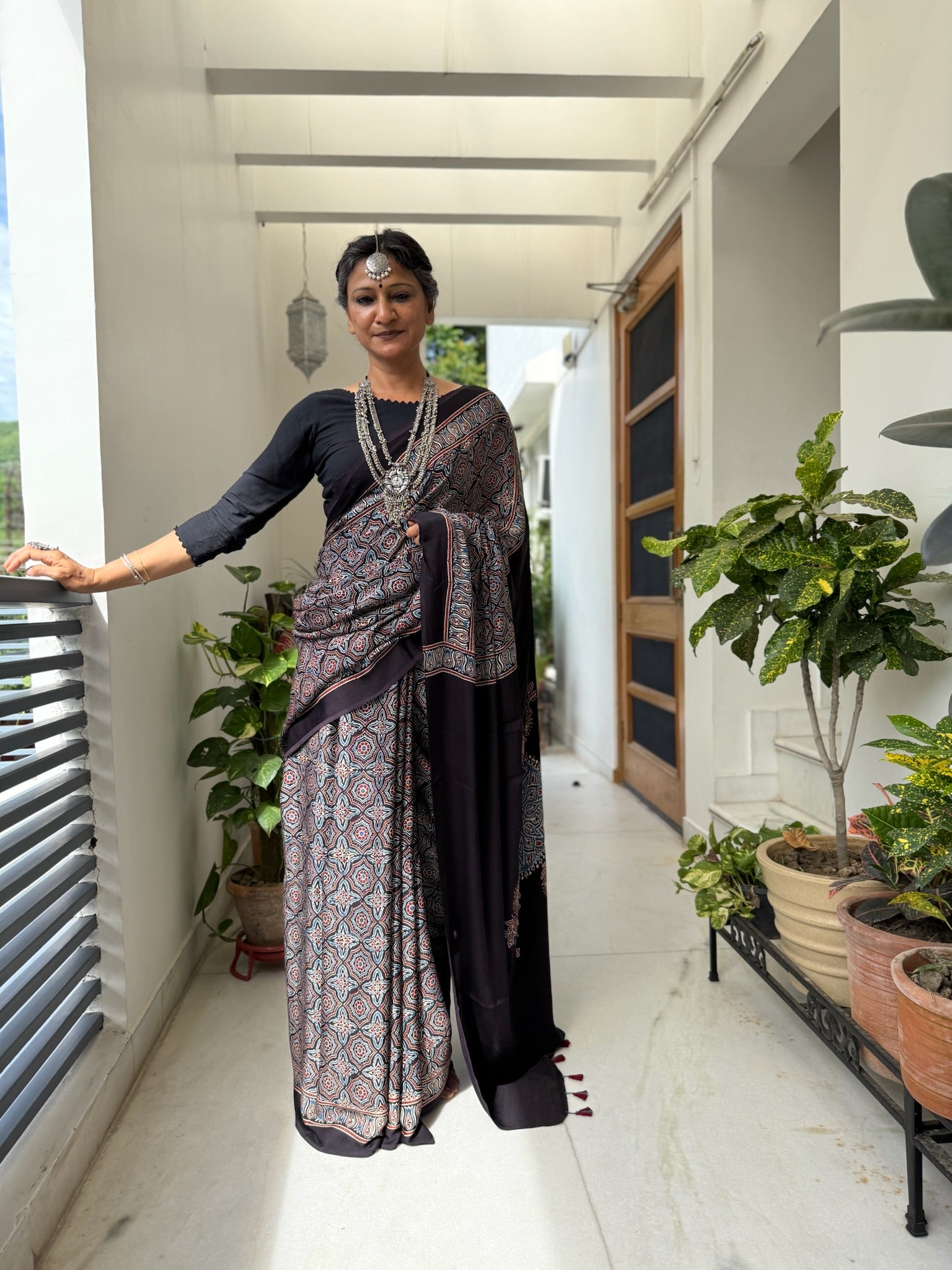 Black Indigo Hand Block Ajrakh Modal Silk Saree