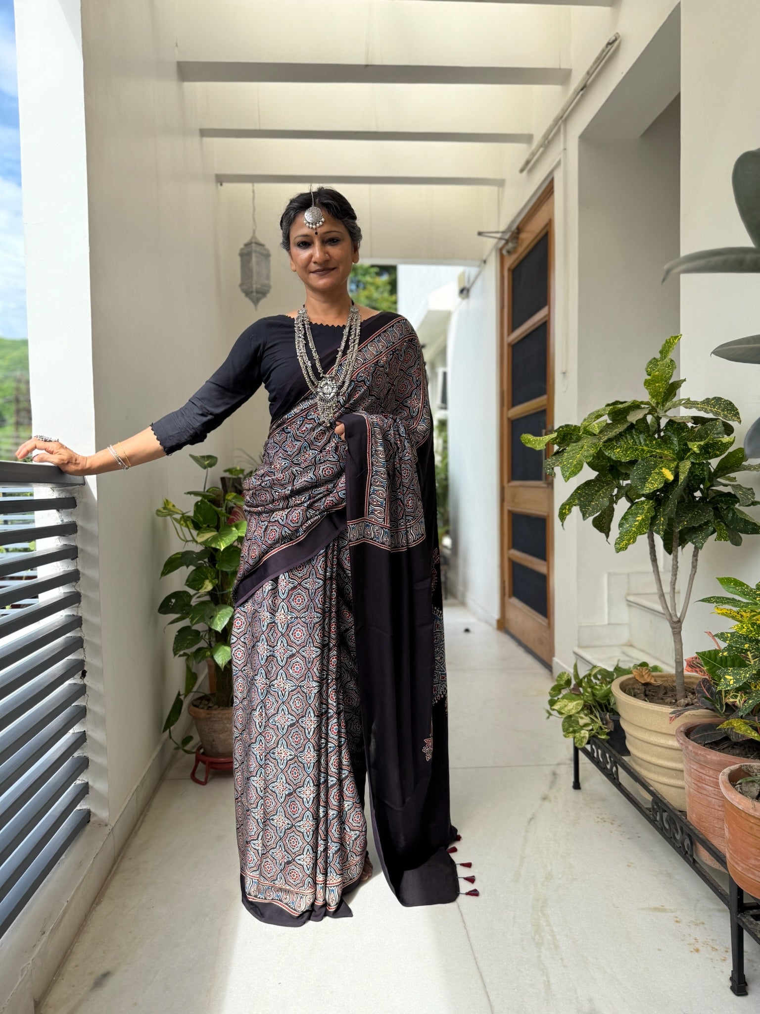 Black Indigo Hand Block Ajrakh Modal Silk Saree